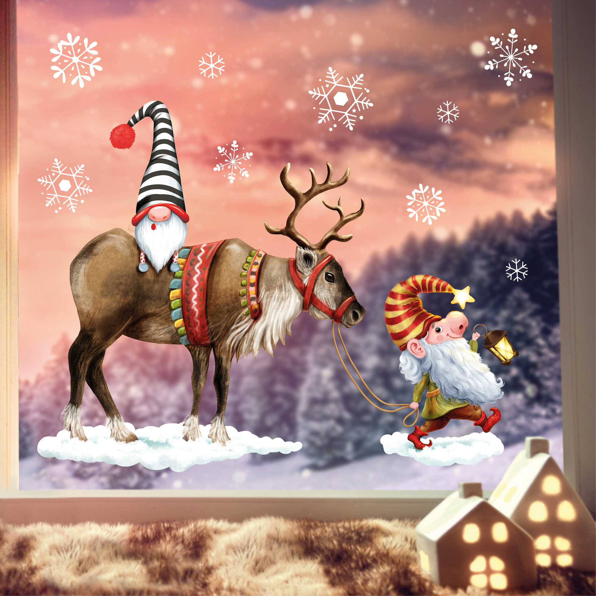 Auf dem Bild ist das Produkt: Fensterbild Weihnachten Winter Zwerg mit Hirsch Elch mit Schneeflocken Adventsdeko wiederverwendbar zum Preis von €13.90 abgebildet.