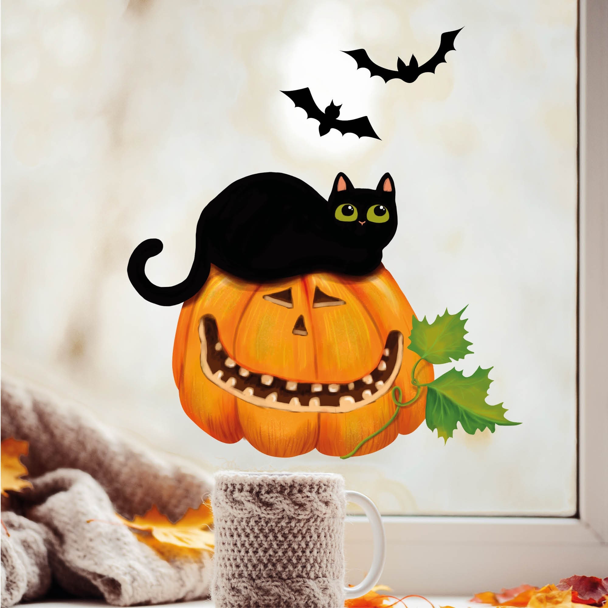 Fensterbild Halloween Katze Kürbis Fledermäuse Fensterdeko Kinderzimmer Kind Fensterfolie Fensterdekoration