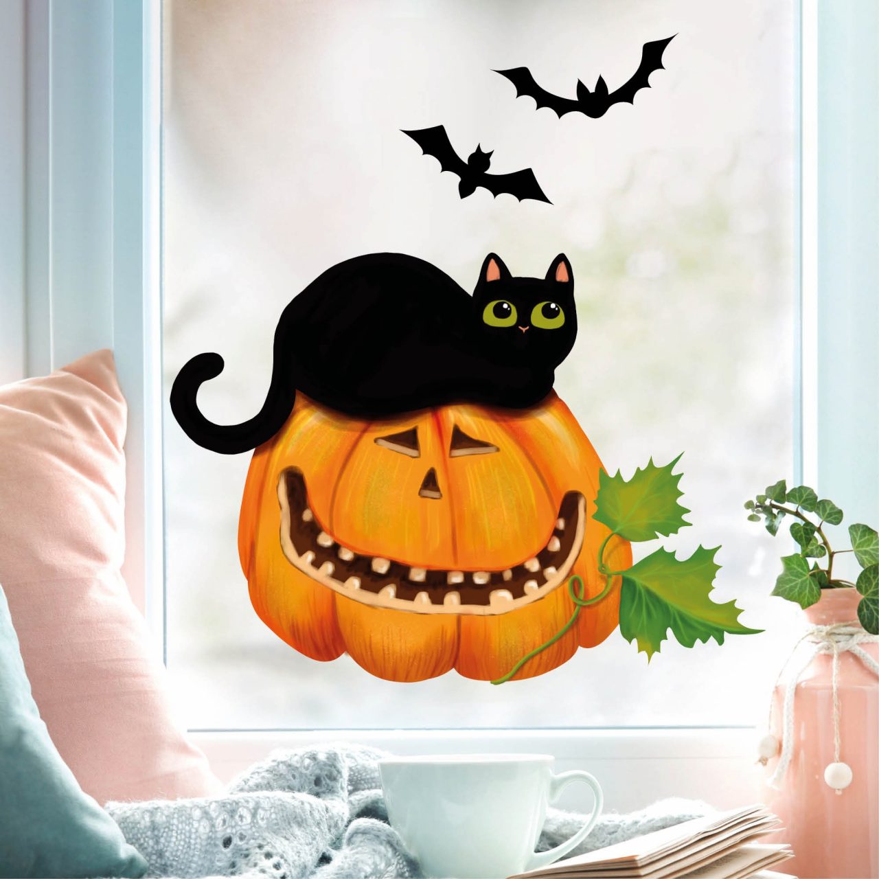 Fensterbild Halloween Katze Kürbis Fledermäuse Fensterdeko Kinderzimmer 