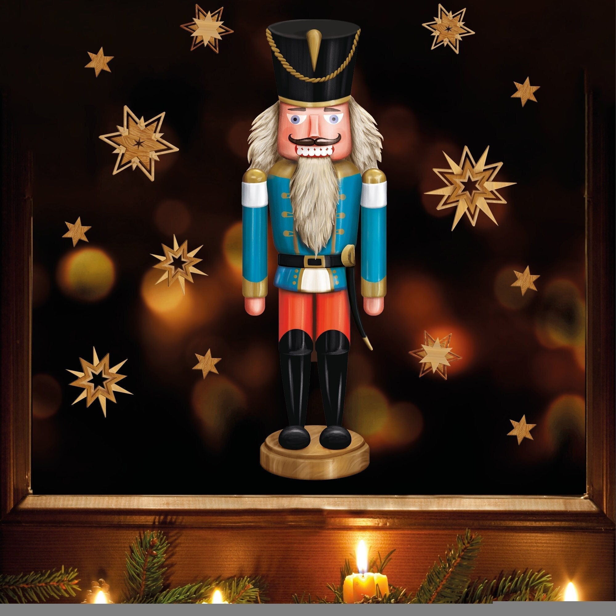 Fensterbild Weihnachten Nussknacker blau mit Sternen in Holzoptik Fensteraufkleber Weihnachtsdekoration