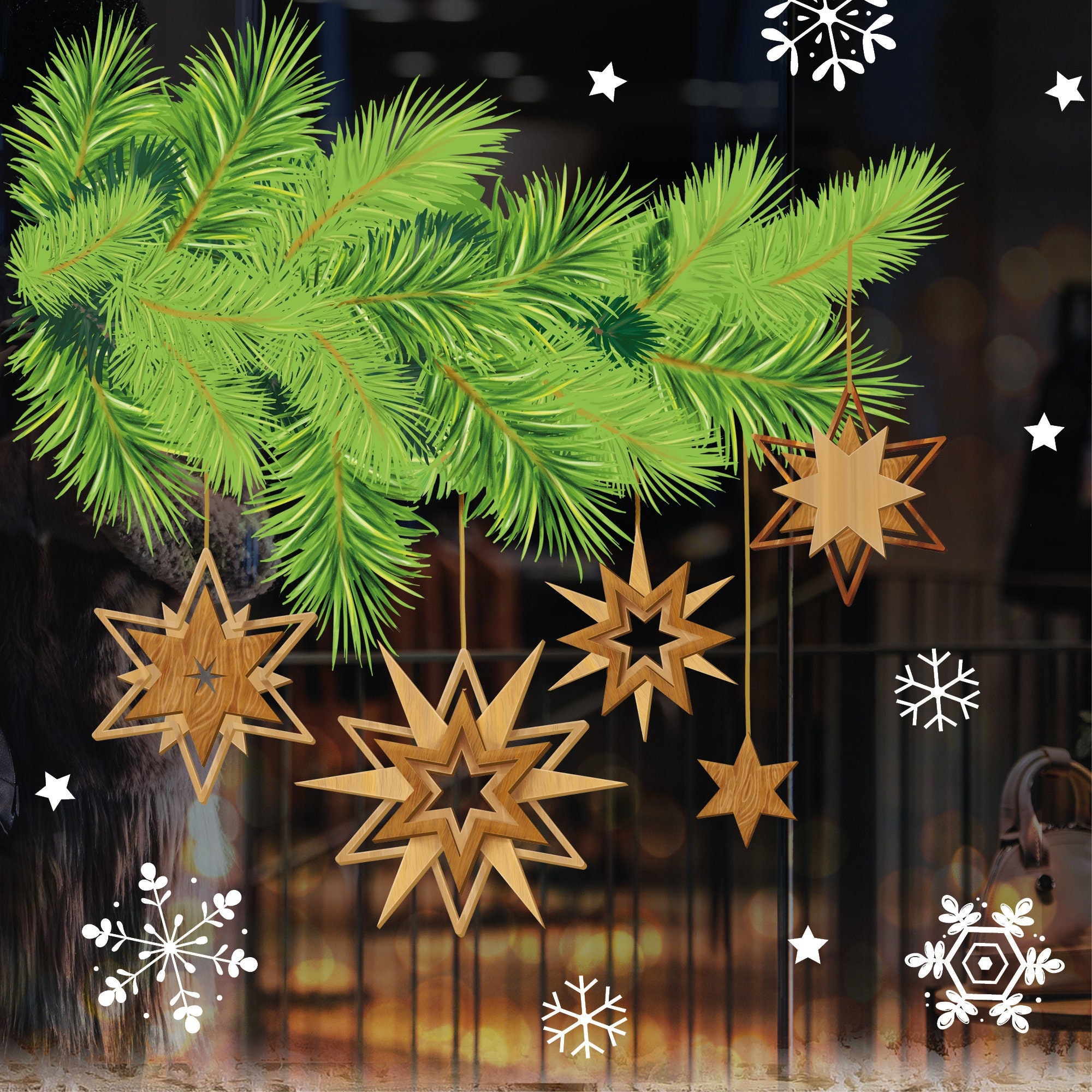 Fensterbild Weihnachten Tannenzweige mit Sterne in Holzoptik und Schneeflocken, Fensteraufkleber, Weihnachtsdekoration