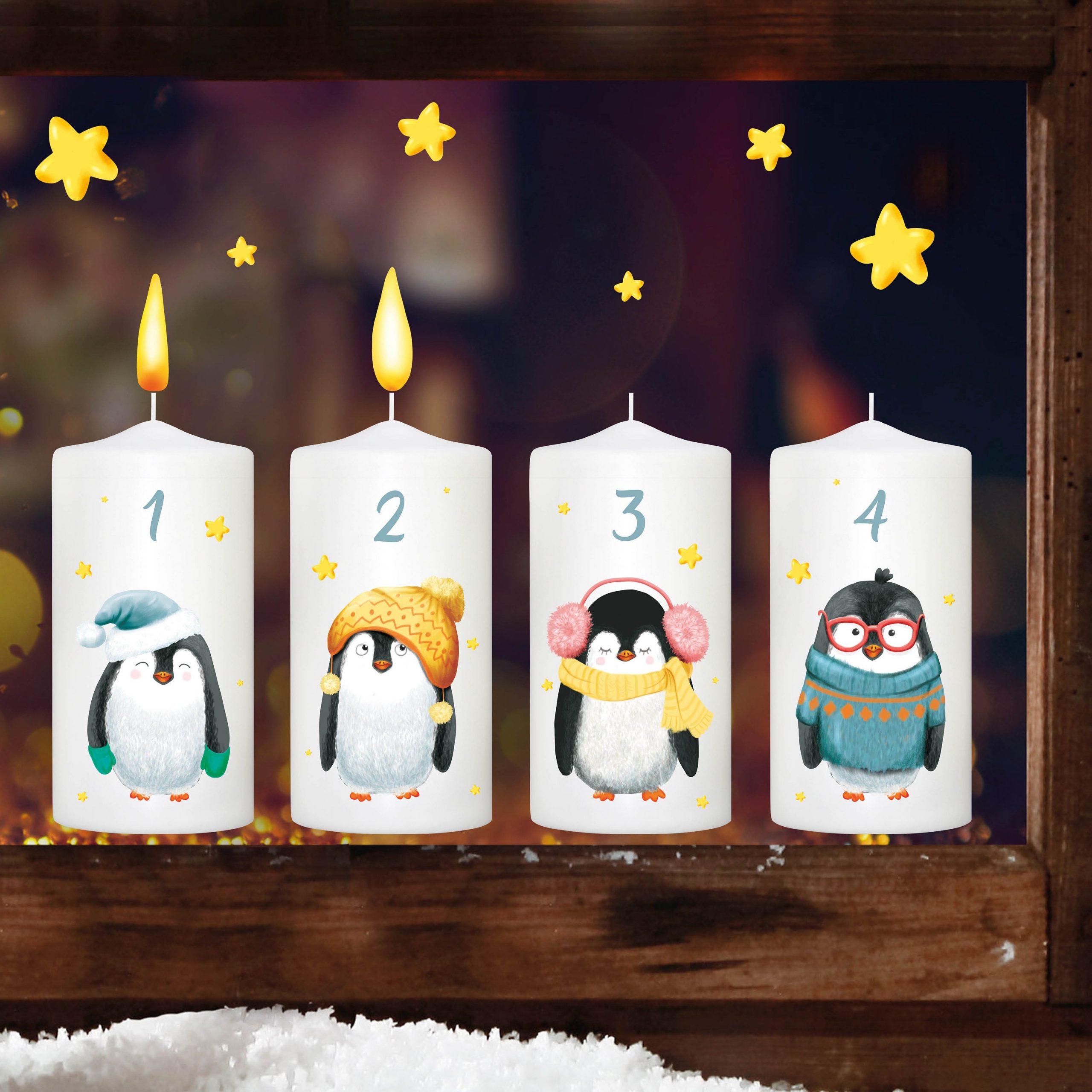 Fensterbild Weihnachten Winter Adventskerzen mit Pinguinen und Flammen zum Selbstaufkleben an jedem Advent Fensteraufkleber Fensterdeko
