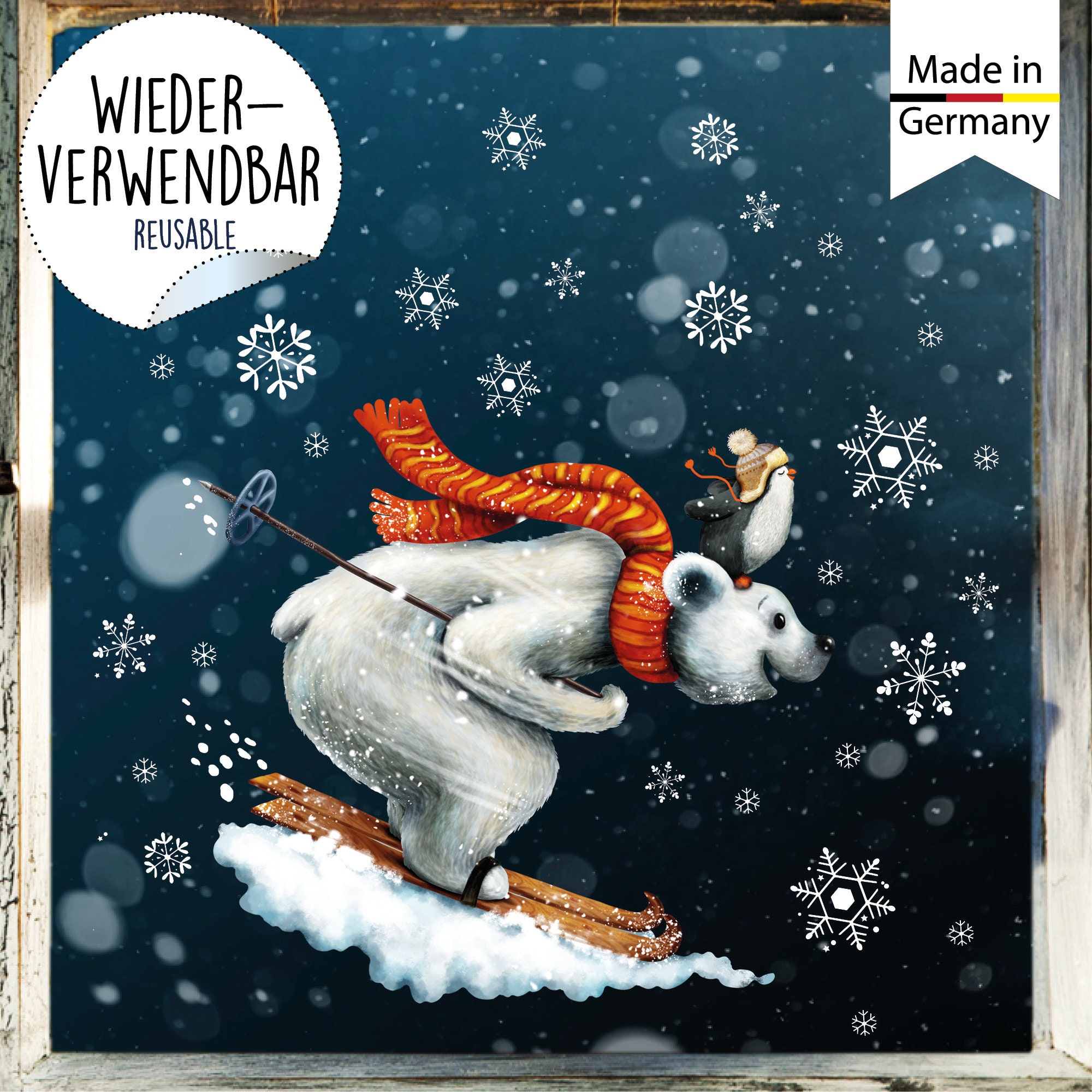 Fensterbild Weihnachten Winter Eisbär Pinguin Ski mit