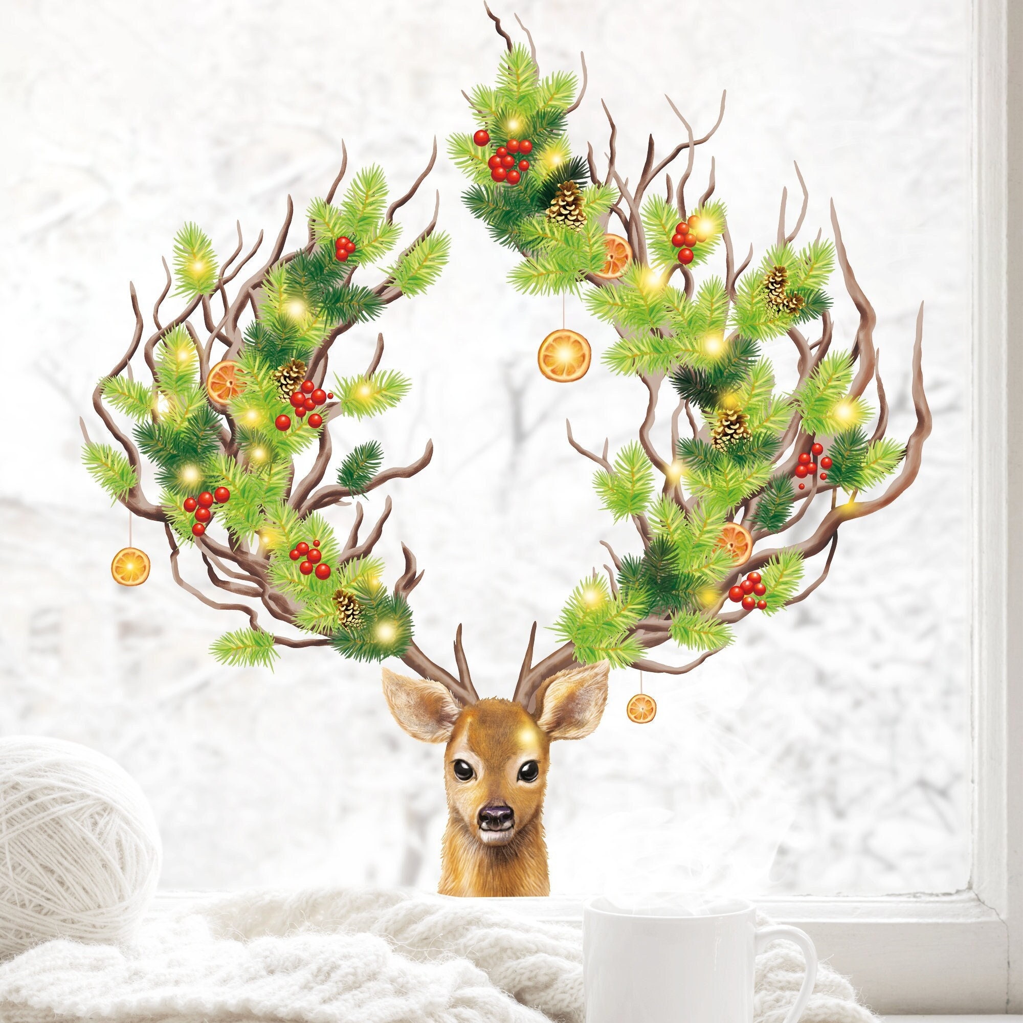 Fensterbild Weihnachten Winter Hirsch mit weihnachtlichem Geweih und Schneeflocken Fensteraufkleber Fensterdeko