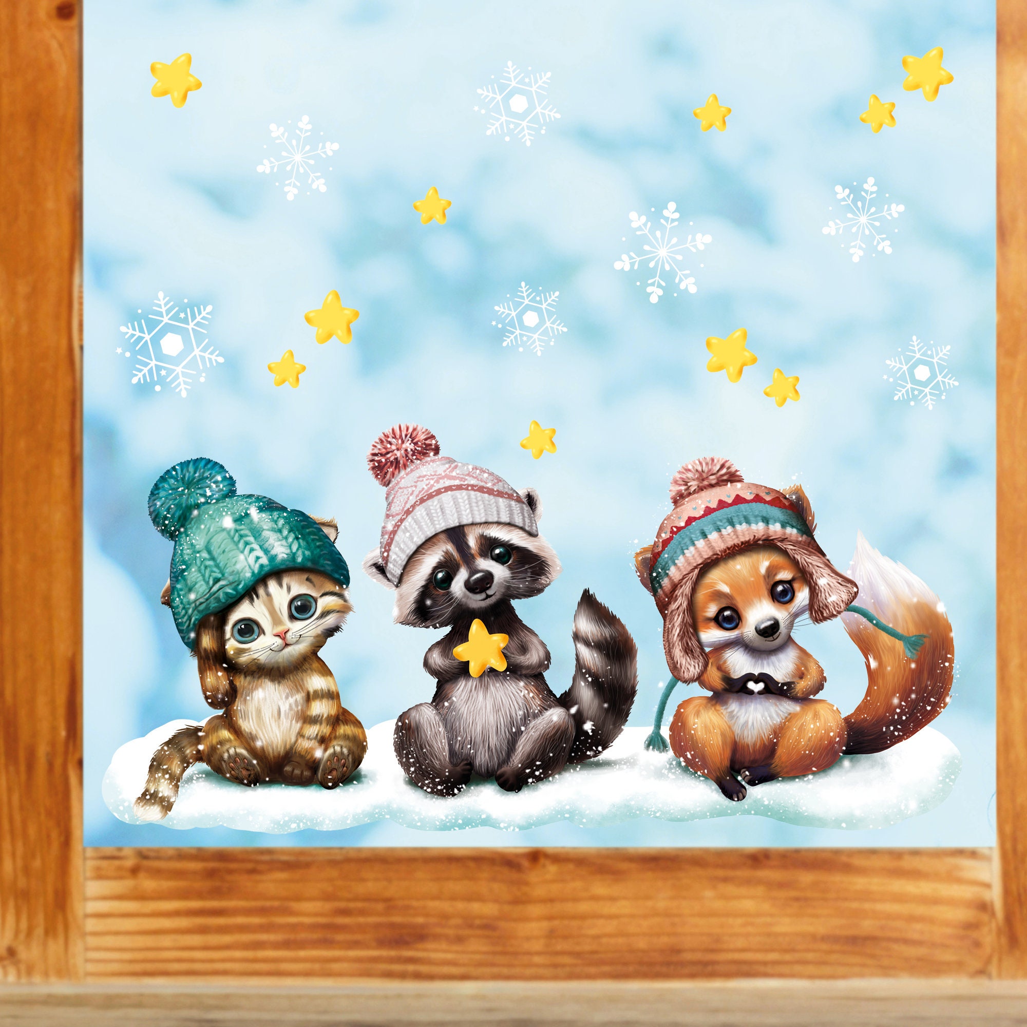 Fensterbild Weihnachten Winter Katze Waschbär und Fuchs, Fensteraufkleber, Weihnachtsdekoration wiederverwendbar