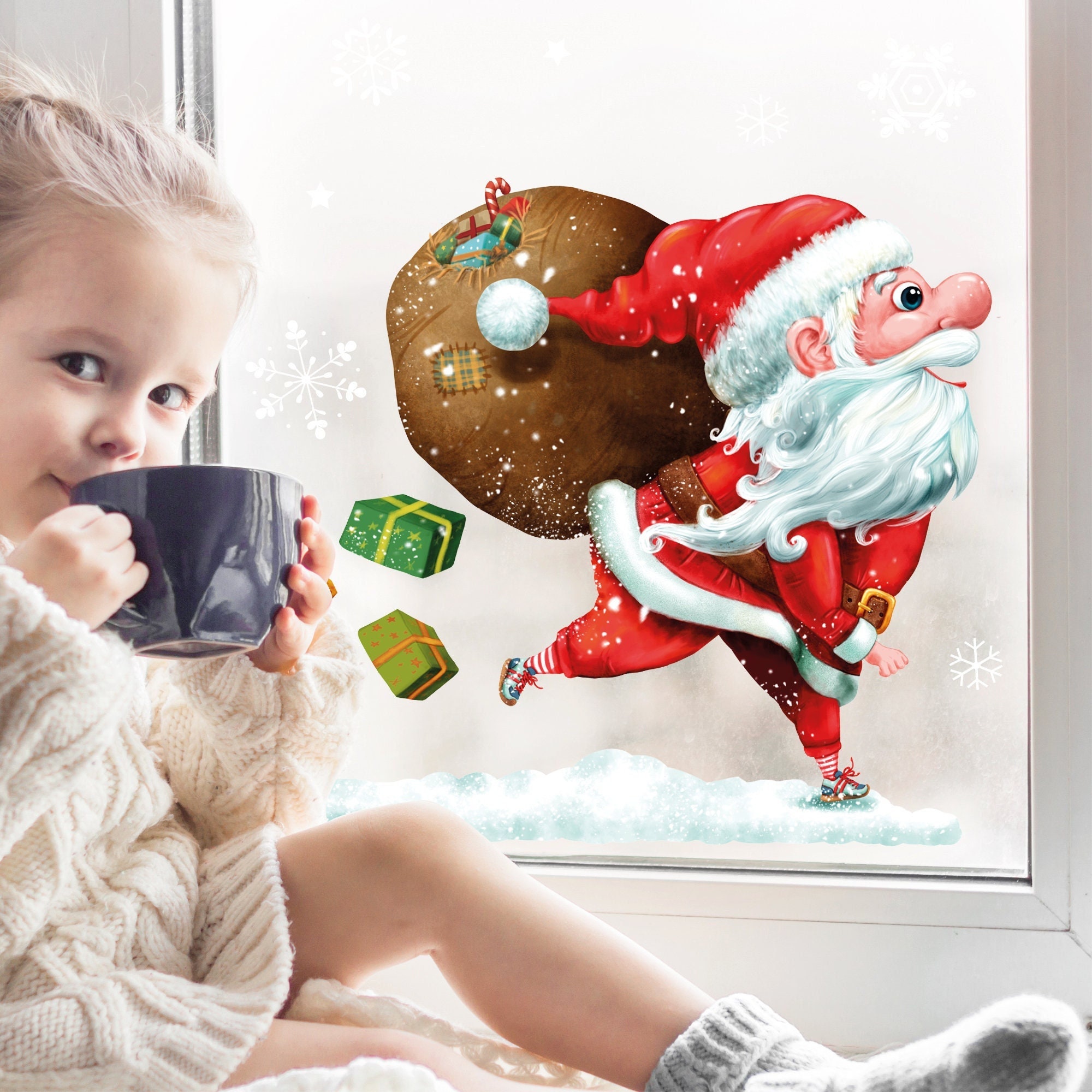 Fensterbild Weihnachten Winter Weihnachtsmann rennt Adventsdeko Fensteraufkleber Fensterfolie