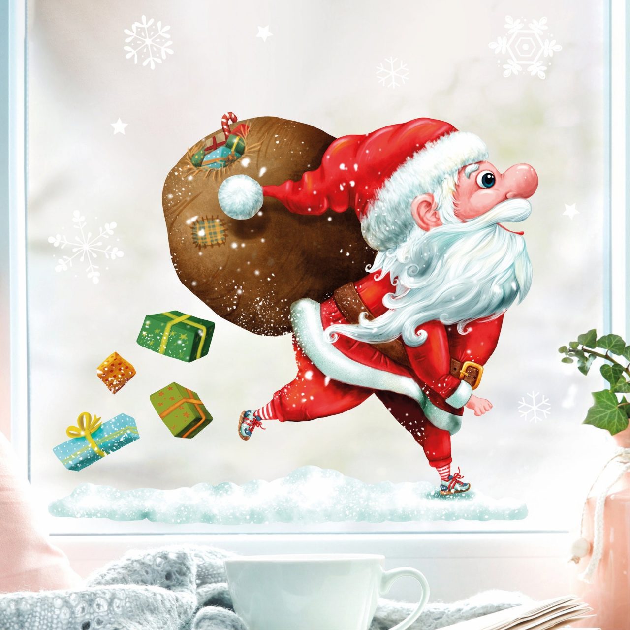 Whaline Vintage Weihnachts-Fensteraufkleber – 9 Blatt, Wiederverwendbar, Mit Schneemann & Weihnachtsmann (Rosa)