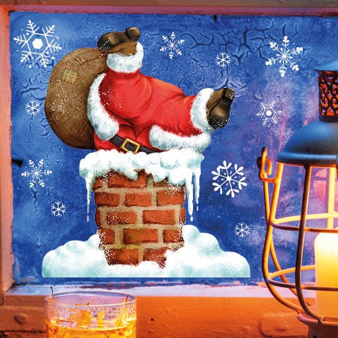 Fensterbild Weihnachten Winter Weihnachtsmann Schornstein mit Schneeflocken Adventsdeko