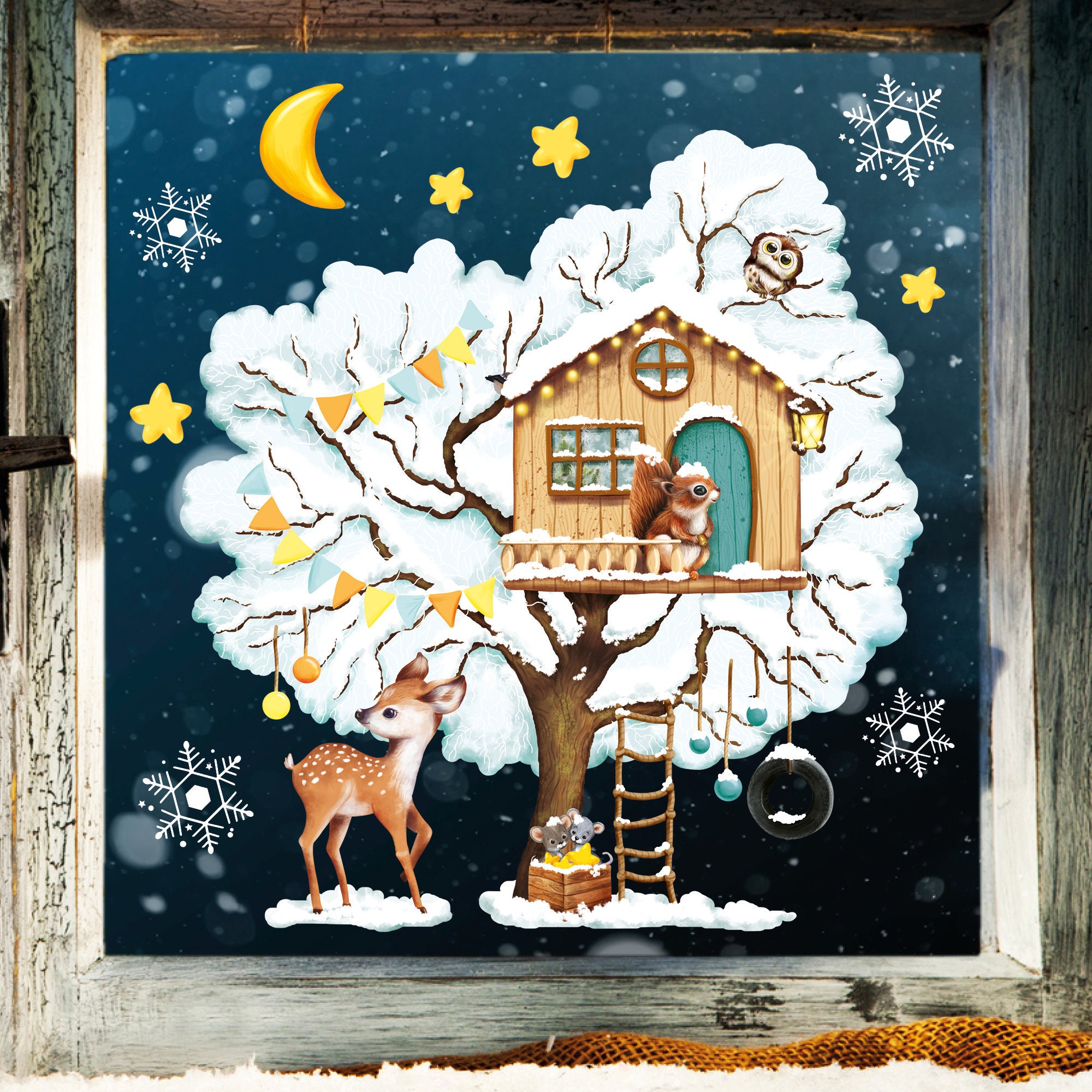 Fensterbild Weihnachten Winter wiederverwendbar Baumhaus mit Tieren  Fensterdeko