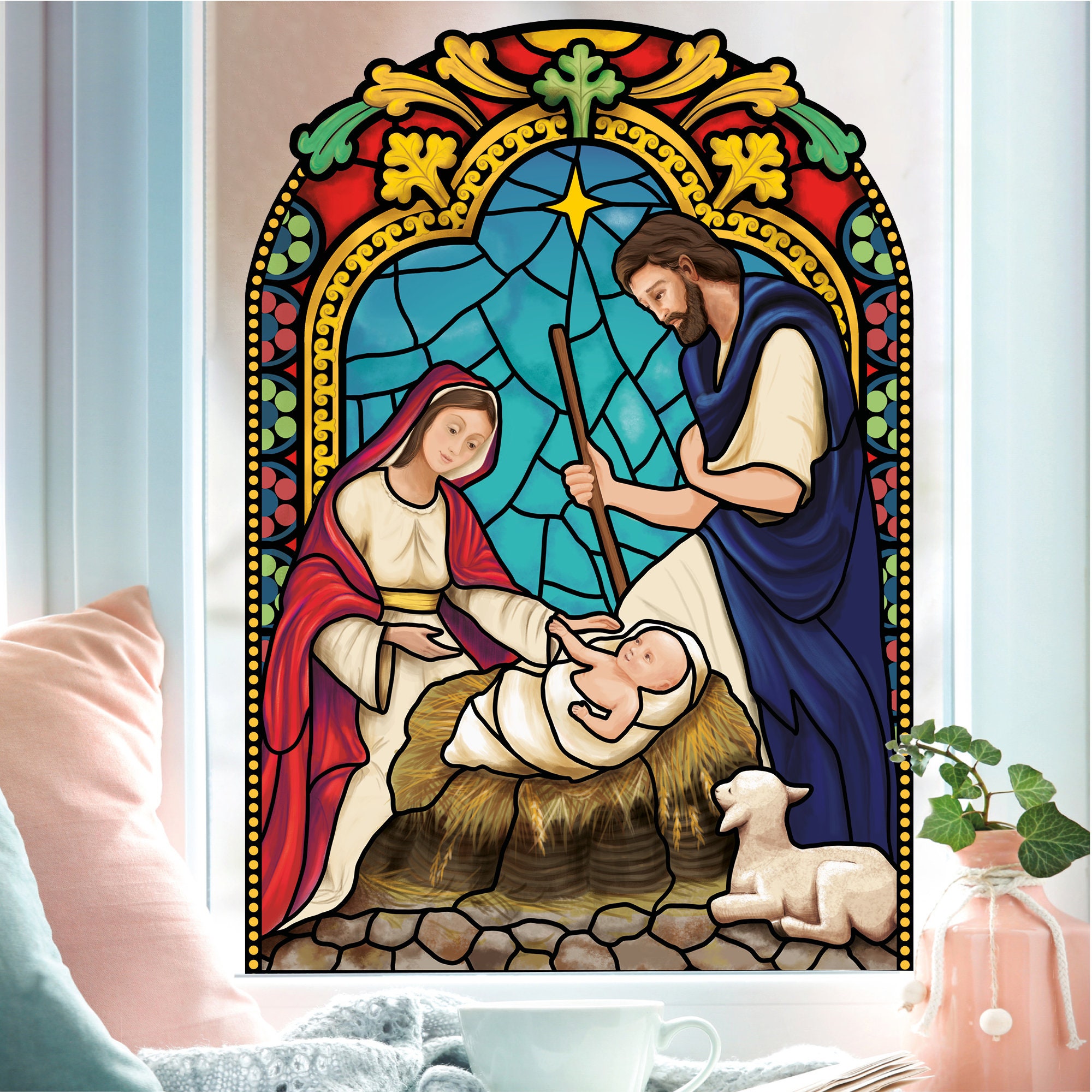 Fensterbild Winter Kirche Krippenbild Maria und Josef bunt farbig rund wiederverwendbare Fensteraufkleber Mosaik Weihnachten