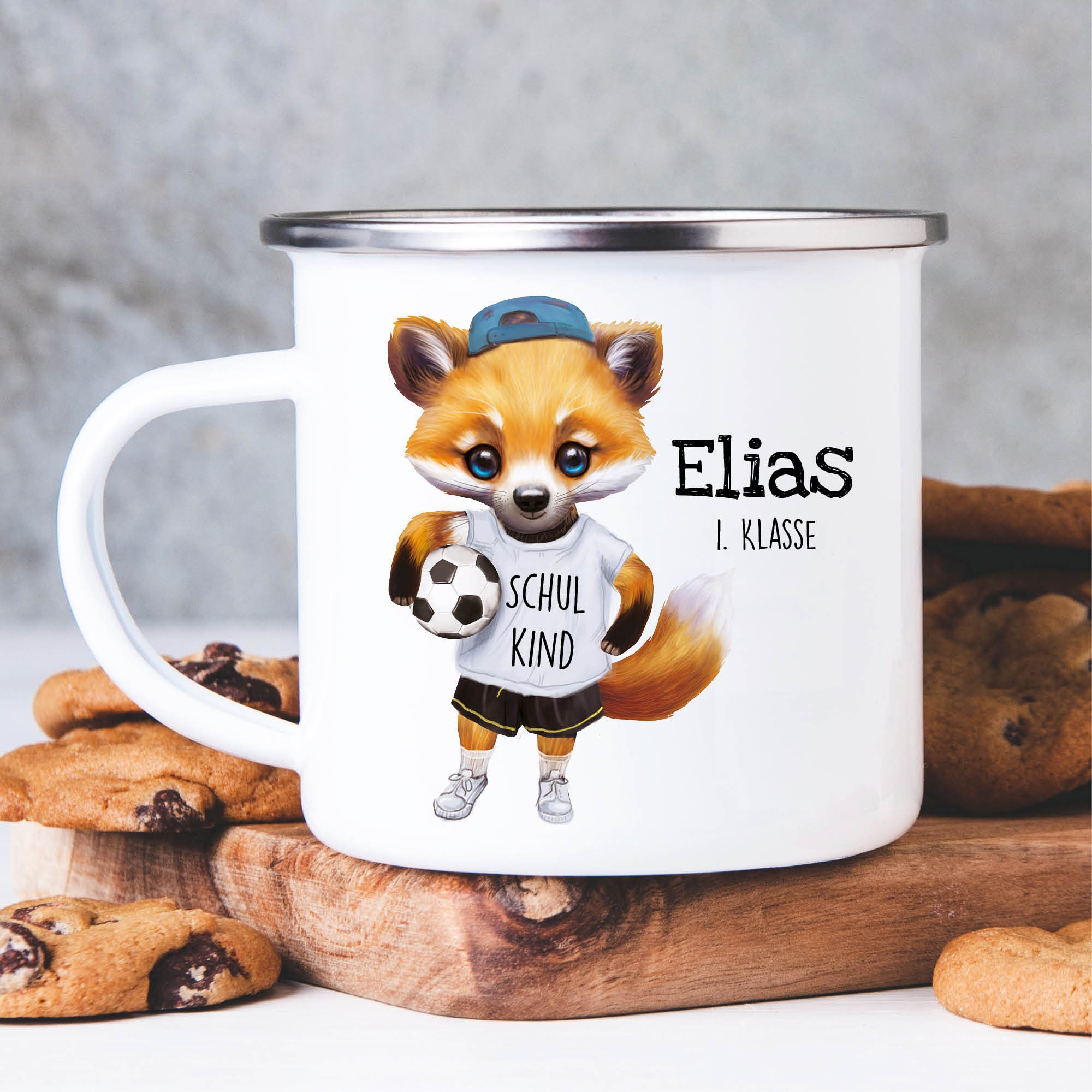 Kindertasse Emaille Becher Fuchs Fußball Schulkind Einschulung Geschenk Schulanfang 1.Klasse Wunschname