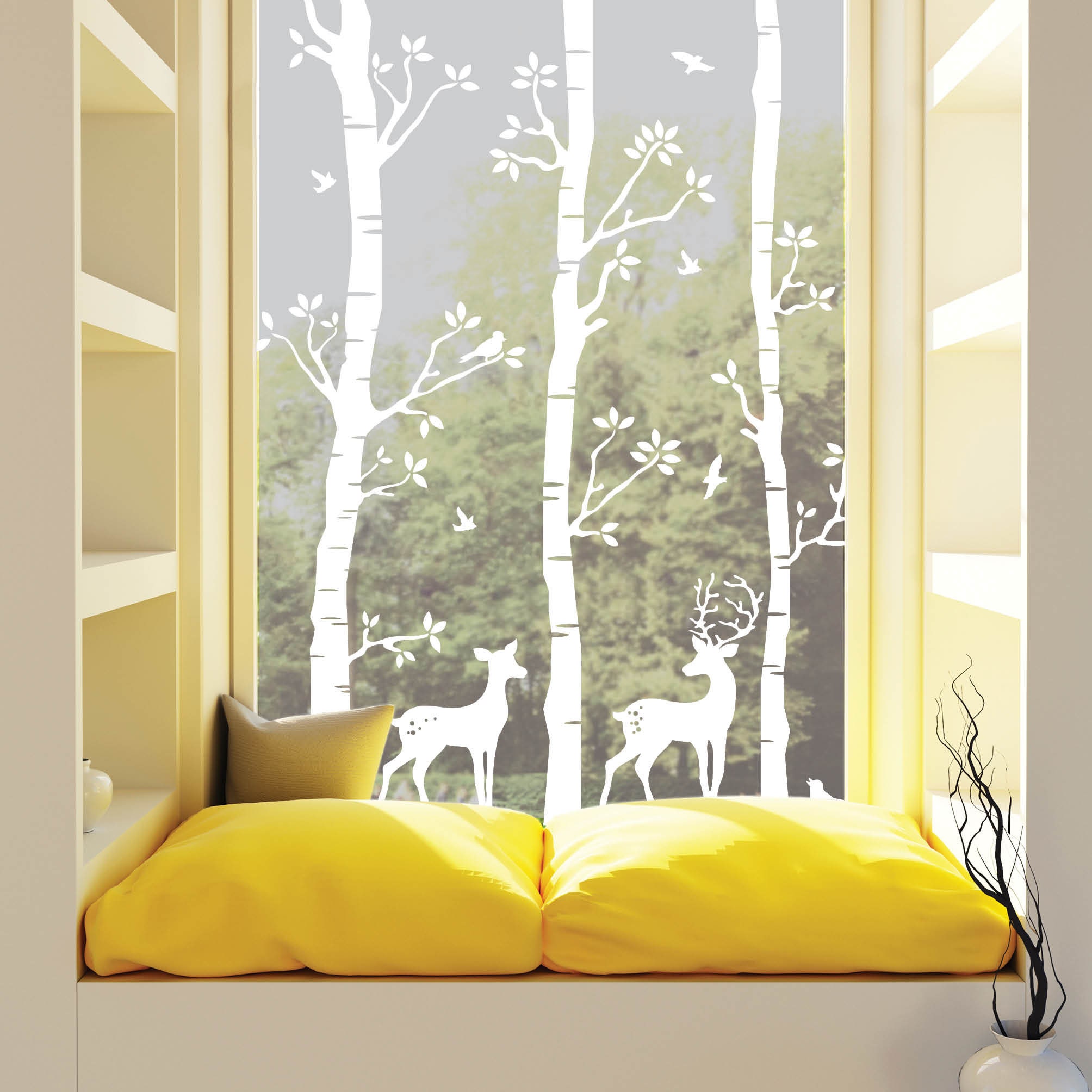 Sichtschutzfolie Birkenwald mit Hirschen Fensterfolie Fensterdeko