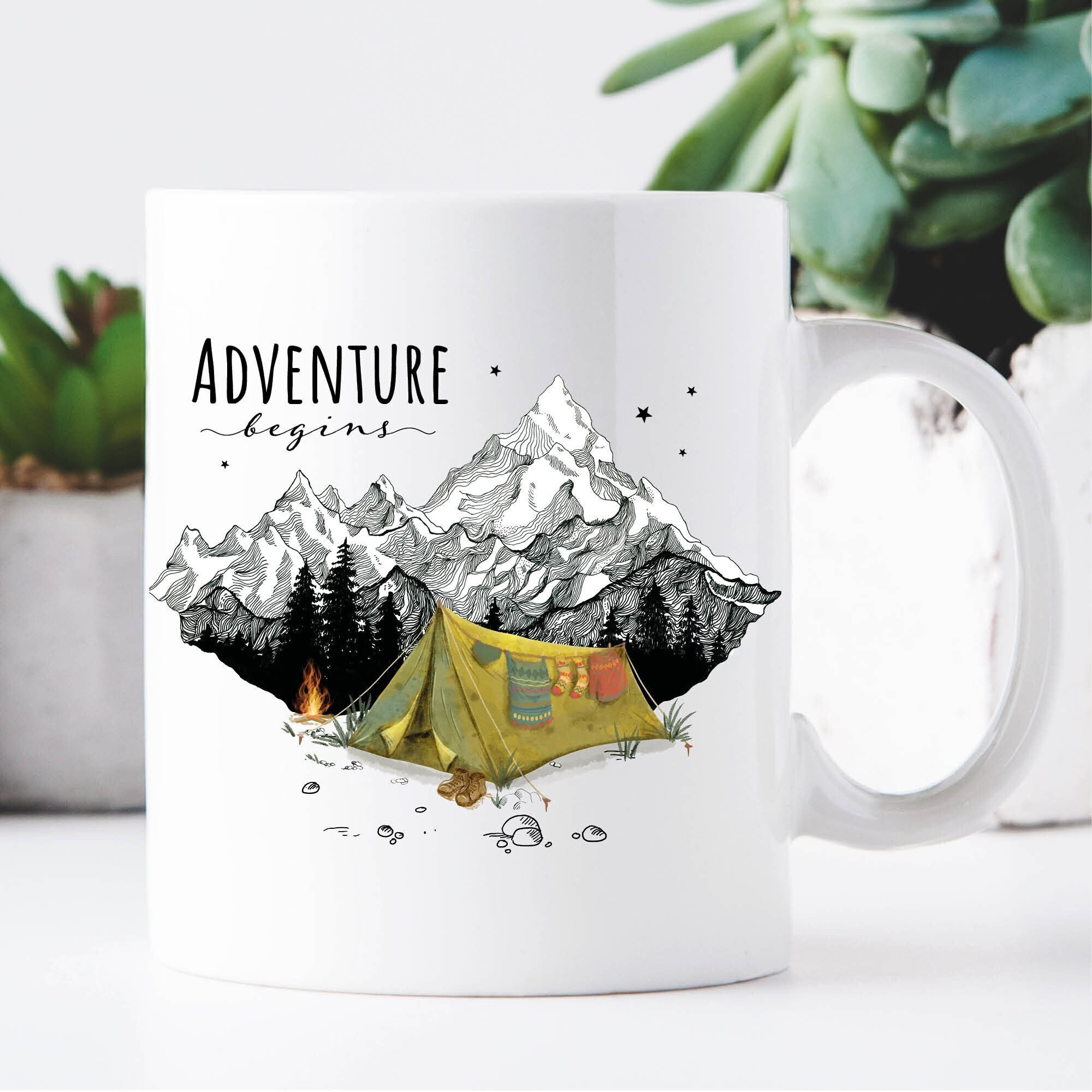 Tasse bedruckt Abenteuer Berge mit Zelt, Camping, Geschenk
