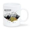 Auf dem Bild ist das Produkt: Keramiktasse bedruckt Abenteuer Berge mit Zelt Zitat Adventure awaits Camping Geschenk Outdoor 330 ml weiß zum Preis von €16.9 abgebildet.