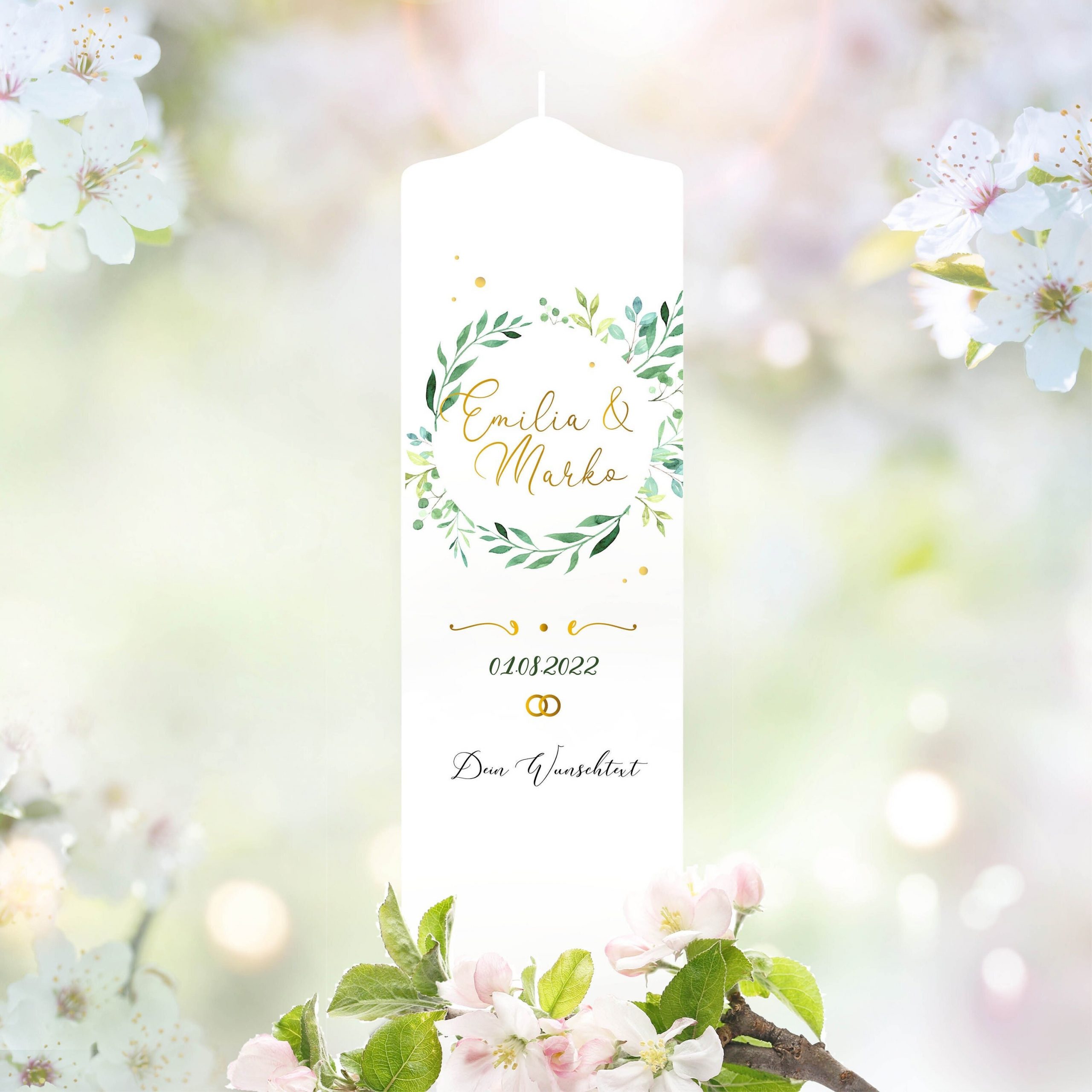 Weiße Hochzeitskerze Kranz aus grünen Blättern personalisiert Hochzeitsgeschenk Spruch, Valentinstagsgeschenk, Geburtstagskerze