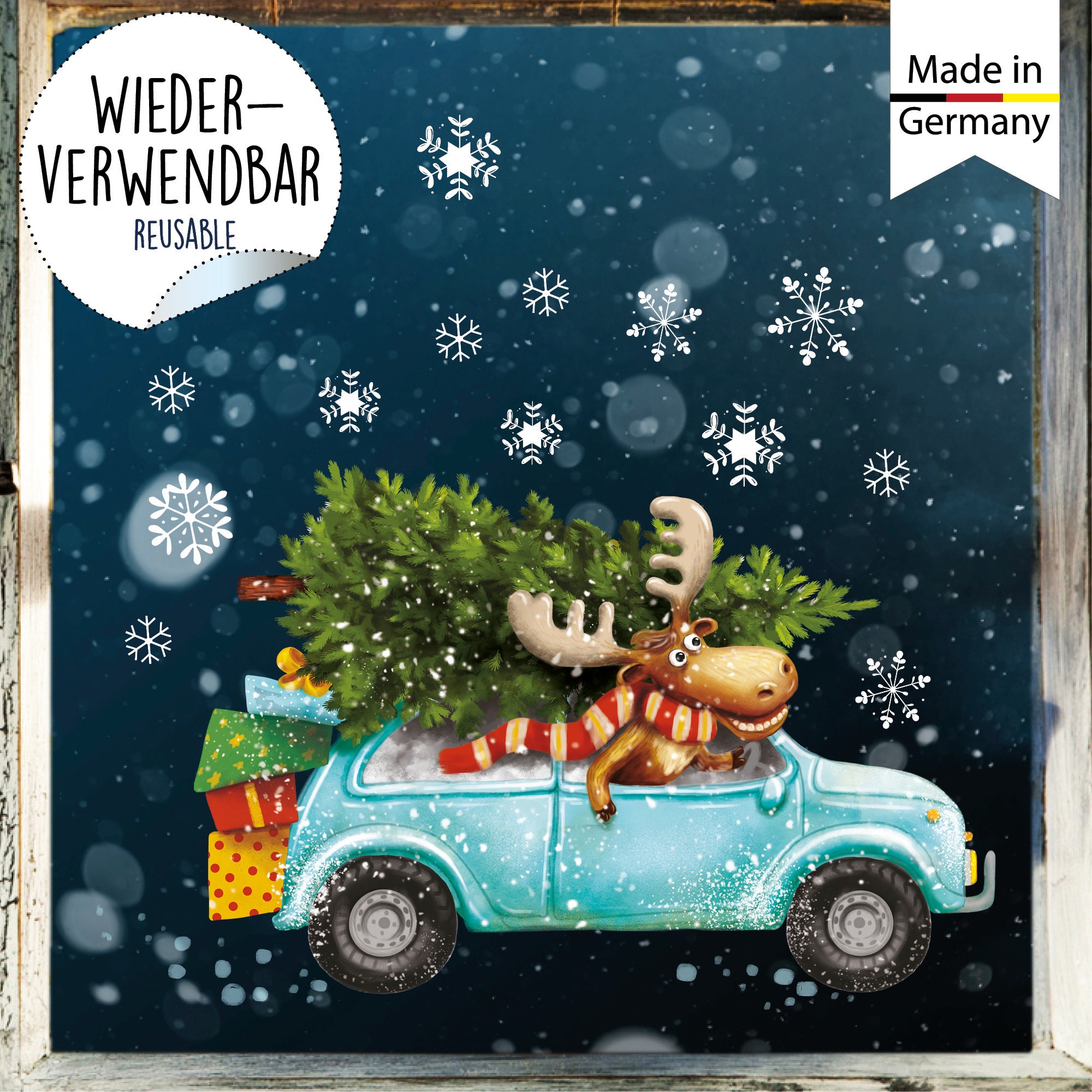 Wiederverwendbares Fensterbild Weihnachten Winter Elch Auto Tannebaum mit  Schneeflocken Adventsdeko