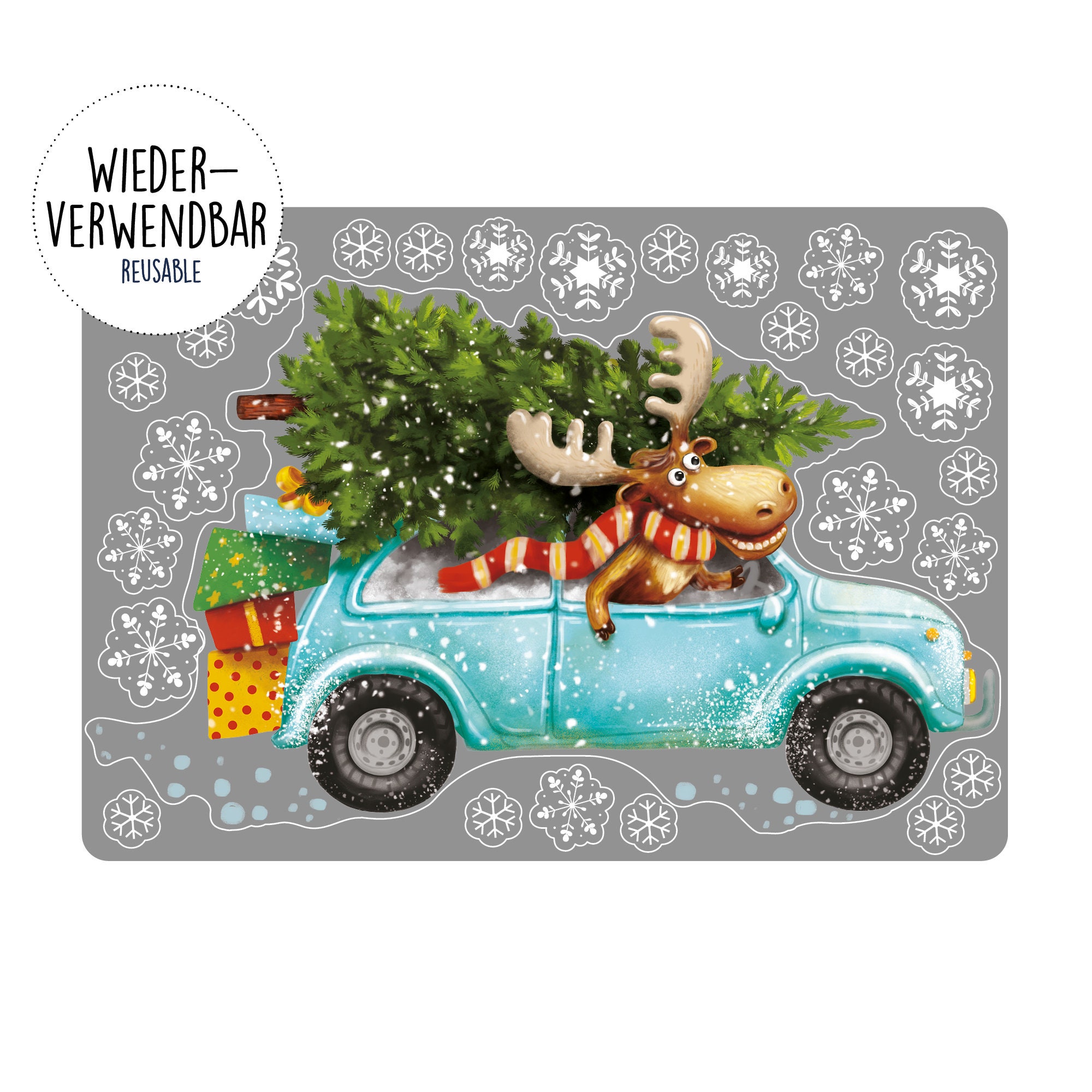 Wiederverwendbares Fensterbild Weihnachten Winter Elch Auto Tannebaum mit  Schneeflocken Adventsdeko