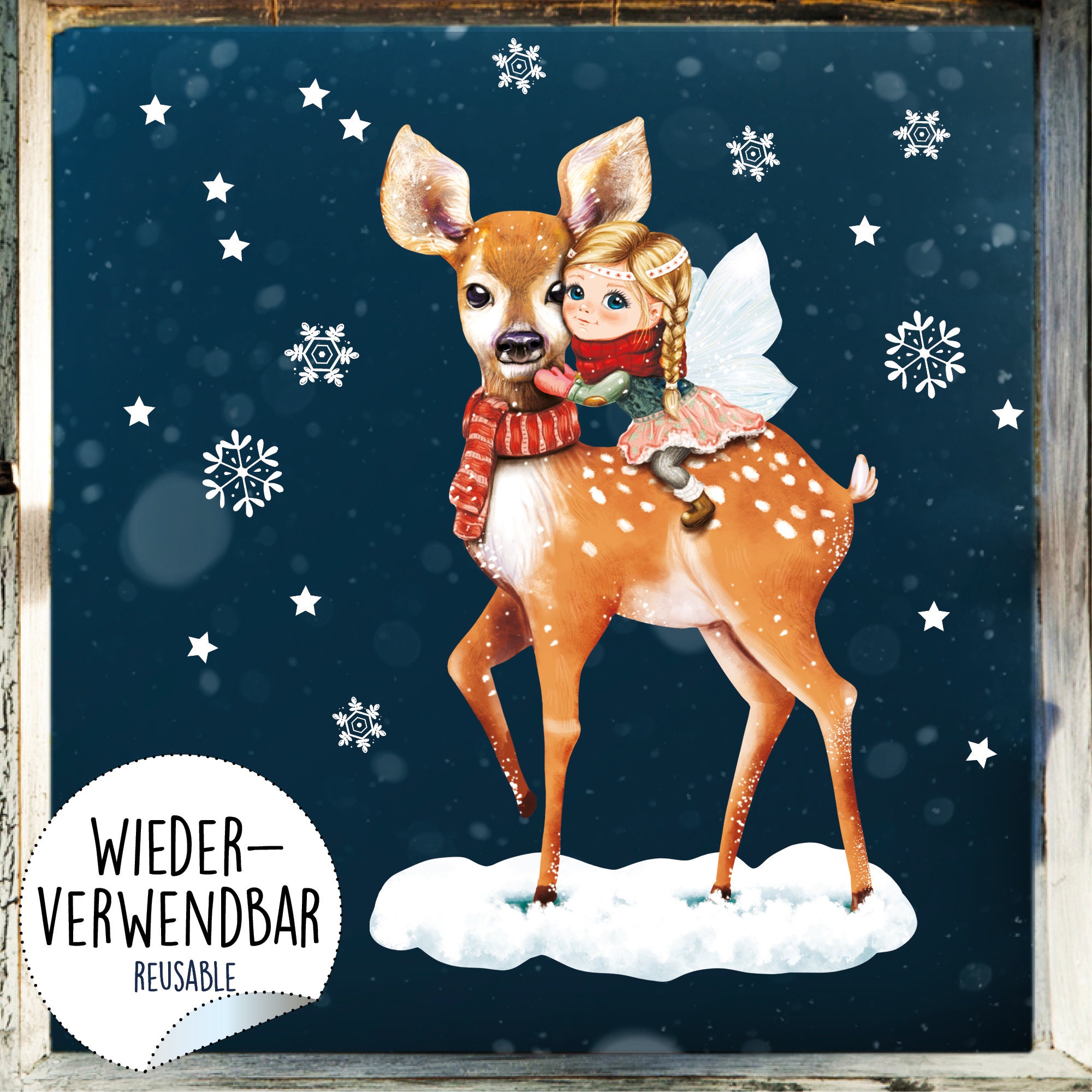 wiederverwendbares Fensterbild Weihnachten Winter Reh und Fee  Fensteraufkleber