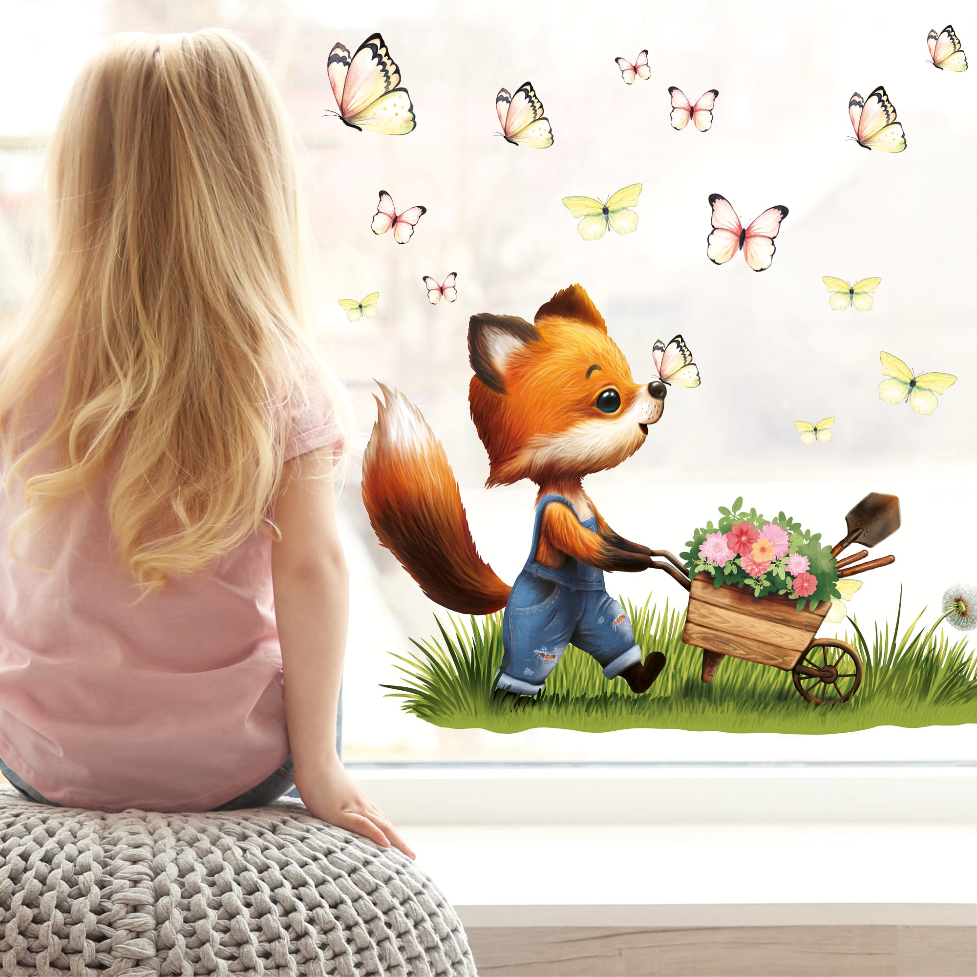 Auf dem Bild ist das Produkt: Fensterbild Frühling Ostern Fuchs mit Schubkarre Schmetterlinge wiederverwendbare Fensterdeko Kinderzimmer Kind zum Preis von €14.9 abgebildet.