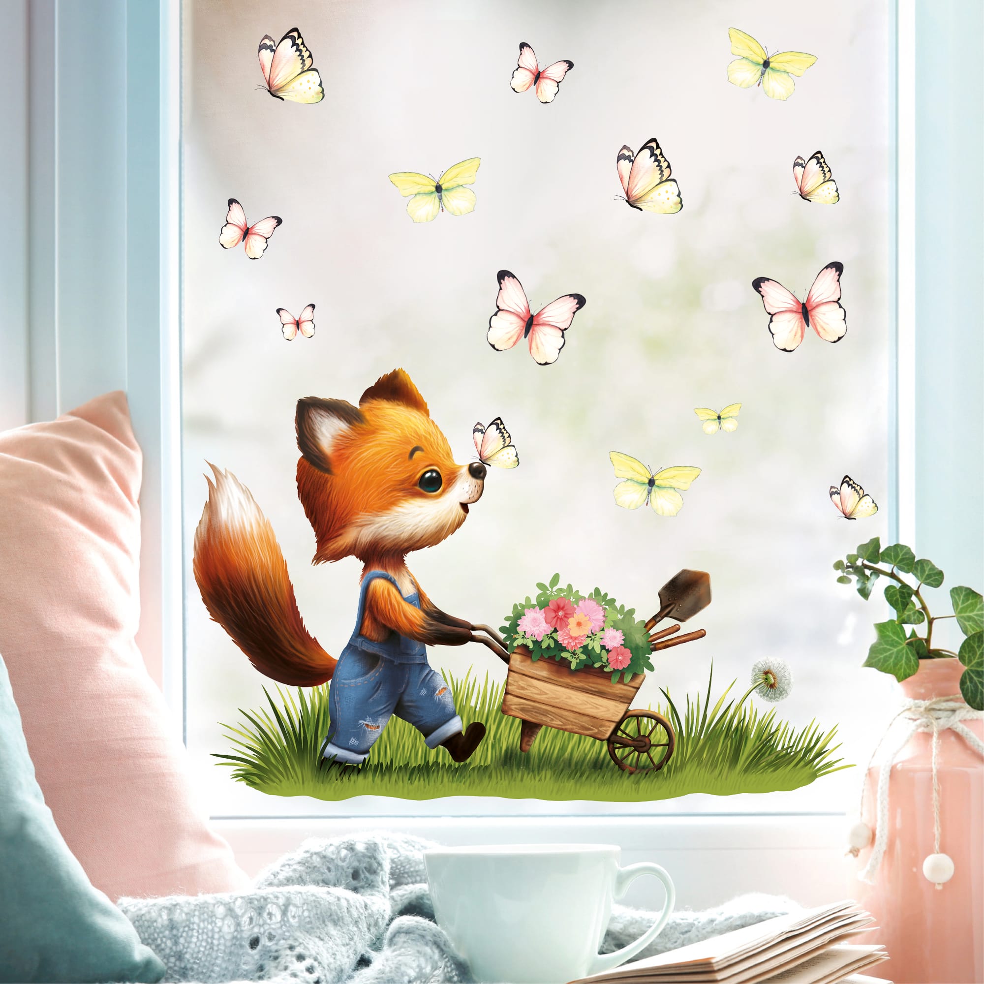 Auf dem Bild ist das Produkt: Fensterbild Frühling Ostern Fuchs mit Schubkarre Schmetterlinge wiederverwendbare Fensterdeko Kinderzimmer Kind zum Preis von €14.9 abgebildet.