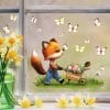 Auf dem Bild ist das Produkt: Fensterbild Frühling Ostern Fuchs mit Schubkarre Schmetterlinge wiederverwendbare Fensterdeko Kinderzimmer Kind zum Preis von €14.9 abgebildet.