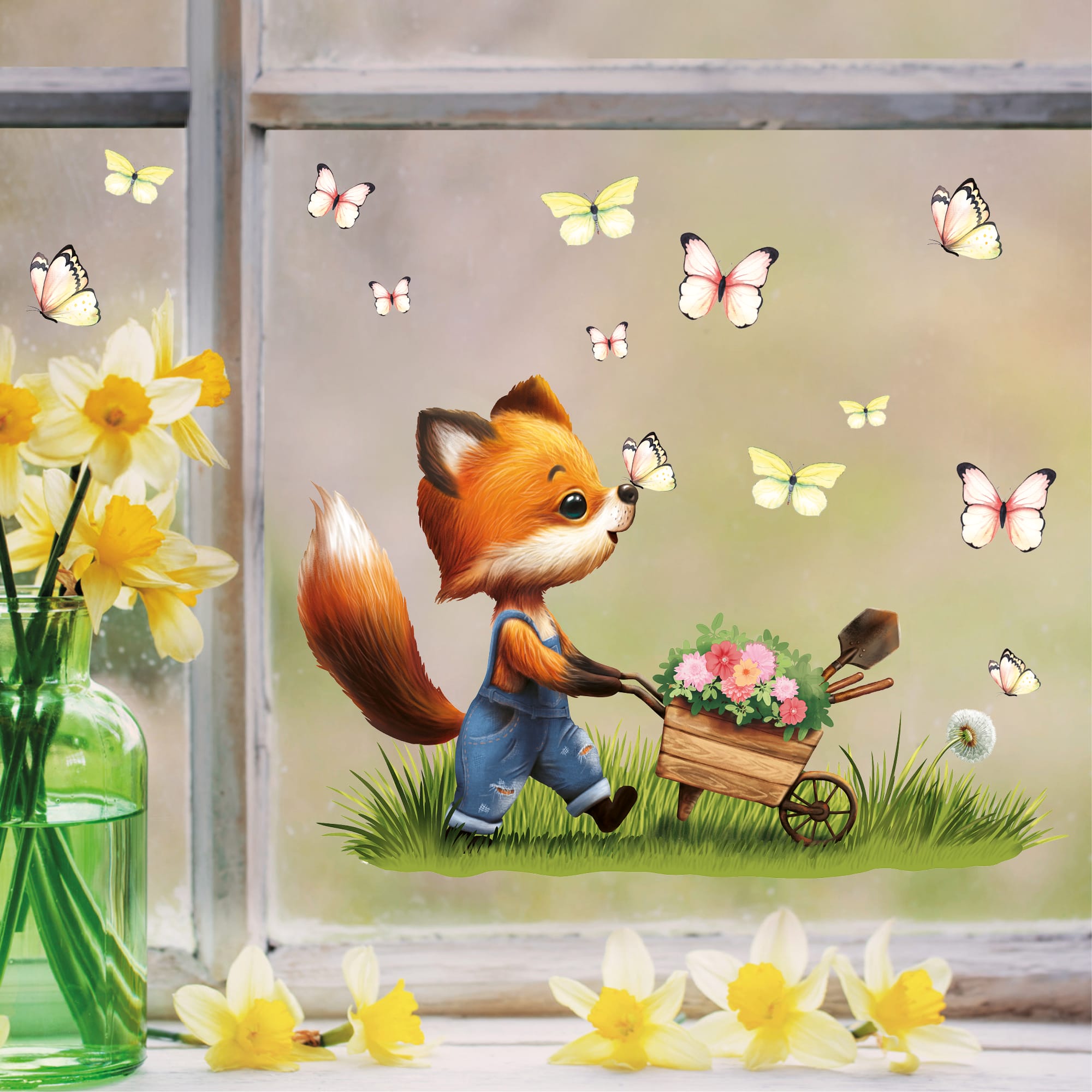 Auf dem Bild ist das Produkt: Fensterbild Frühling Ostern Fuchs mit Schubkarre Schmetterlinge wiederverwendbare Fensterdeko Kinderzimmer Kind zum Preis von €14.9 abgebildet.