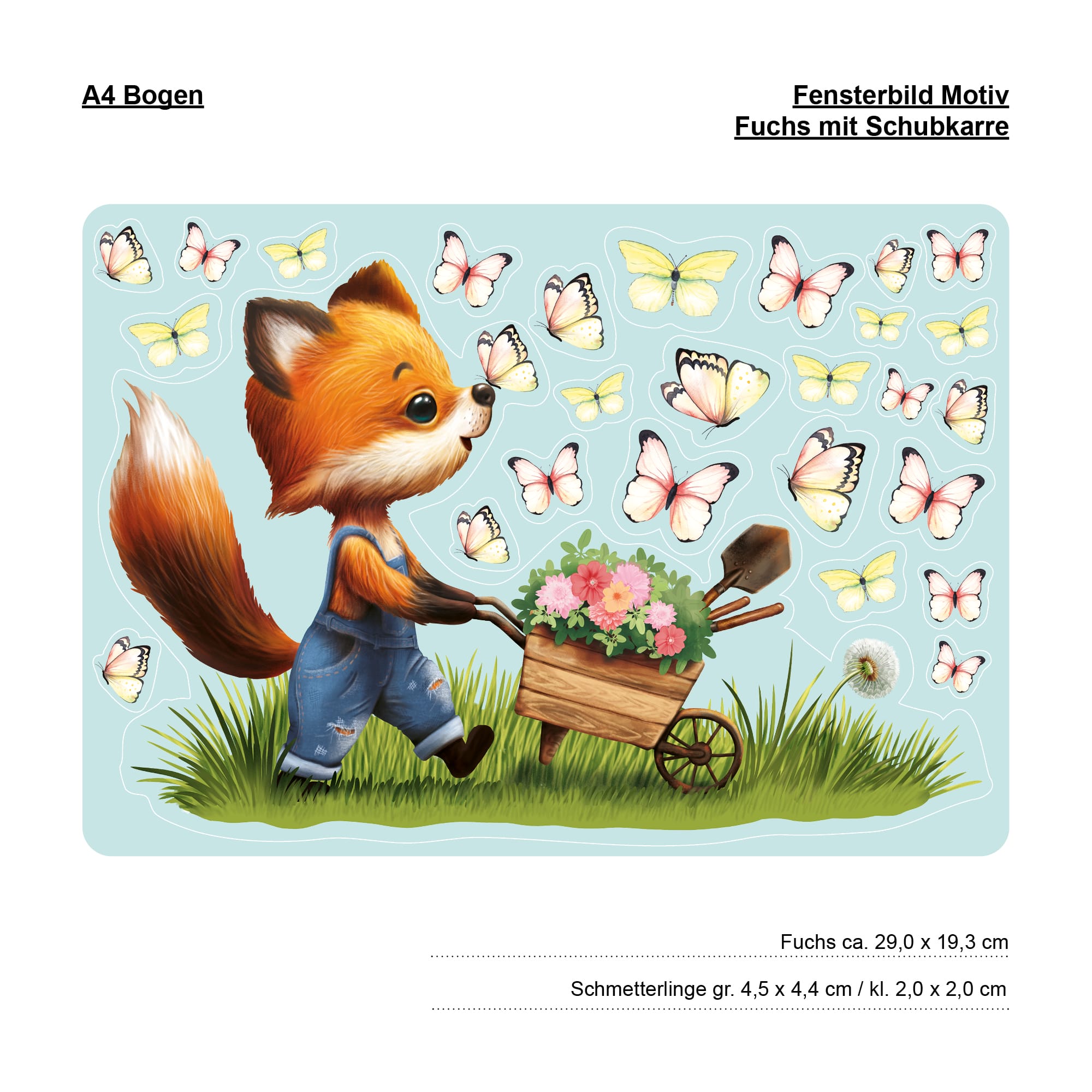 Auf dem Bild ist das Produkt: Fensterbild Frühling Ostern Fuchs mit Schubkarre Schmetterlinge wiederverwendbare Fensterdeko Kinderzimmer Kind zum Preis von €14.9 abgebildet.