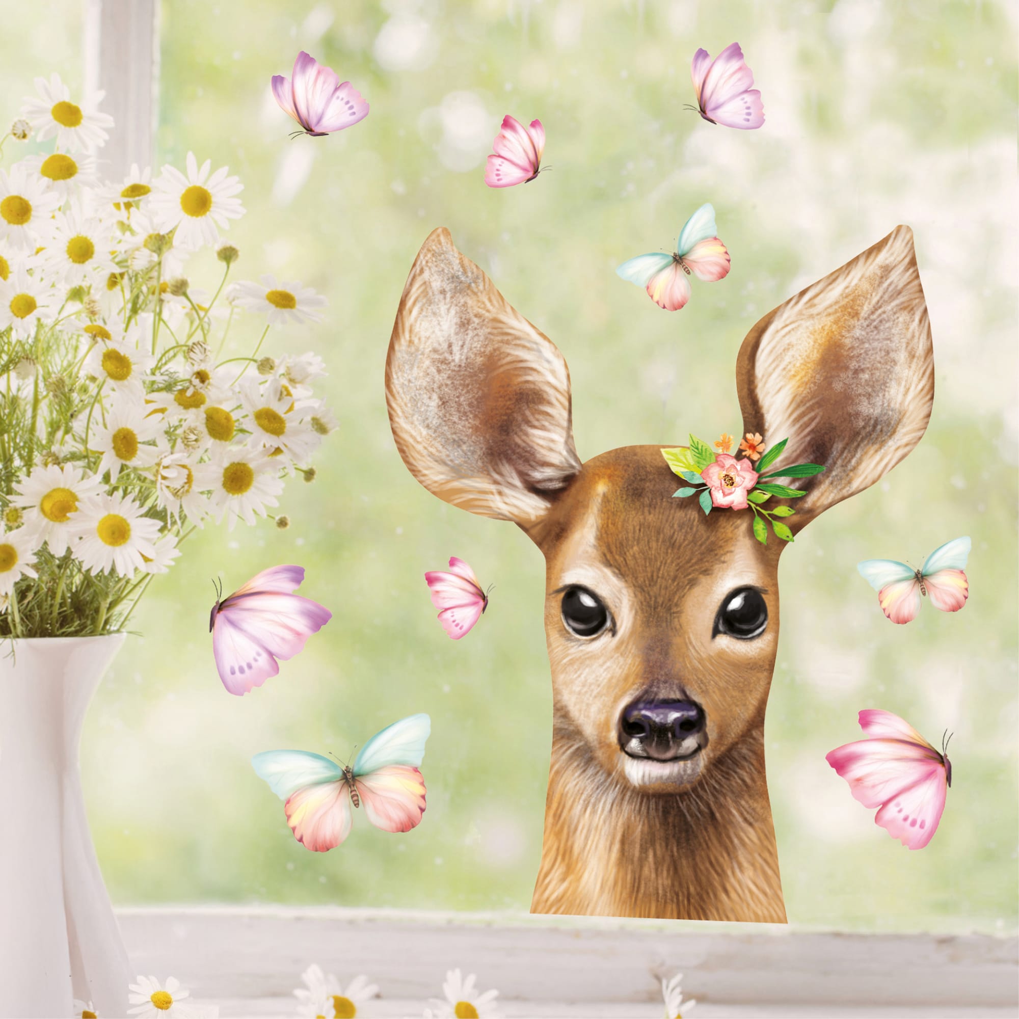 Auf dem Bild ist das Produkt: Fensterbild Frühling Ostern Reh mit Blumen und Schmetterlingen Fensterdeko Kinderzimmer Kind, Frühlingsdeko, Osterdeko zum Preis von €13.90 abgebildet.