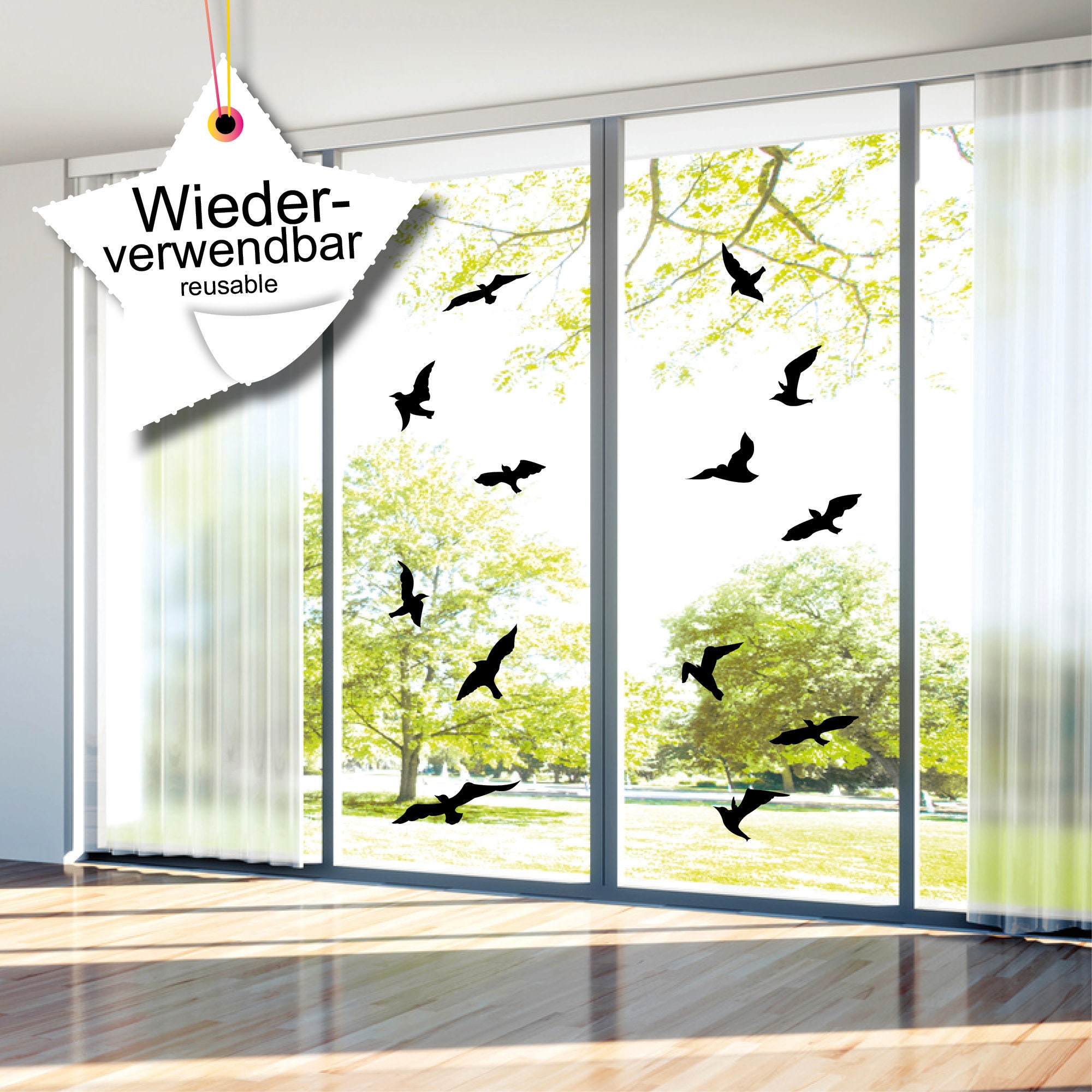 Fensteraufkleber 20 Stk. Vogelaufkleber für Fenster, Vogelschlag, Vogelschutz, Glastüren schwarz wiederverwendbar