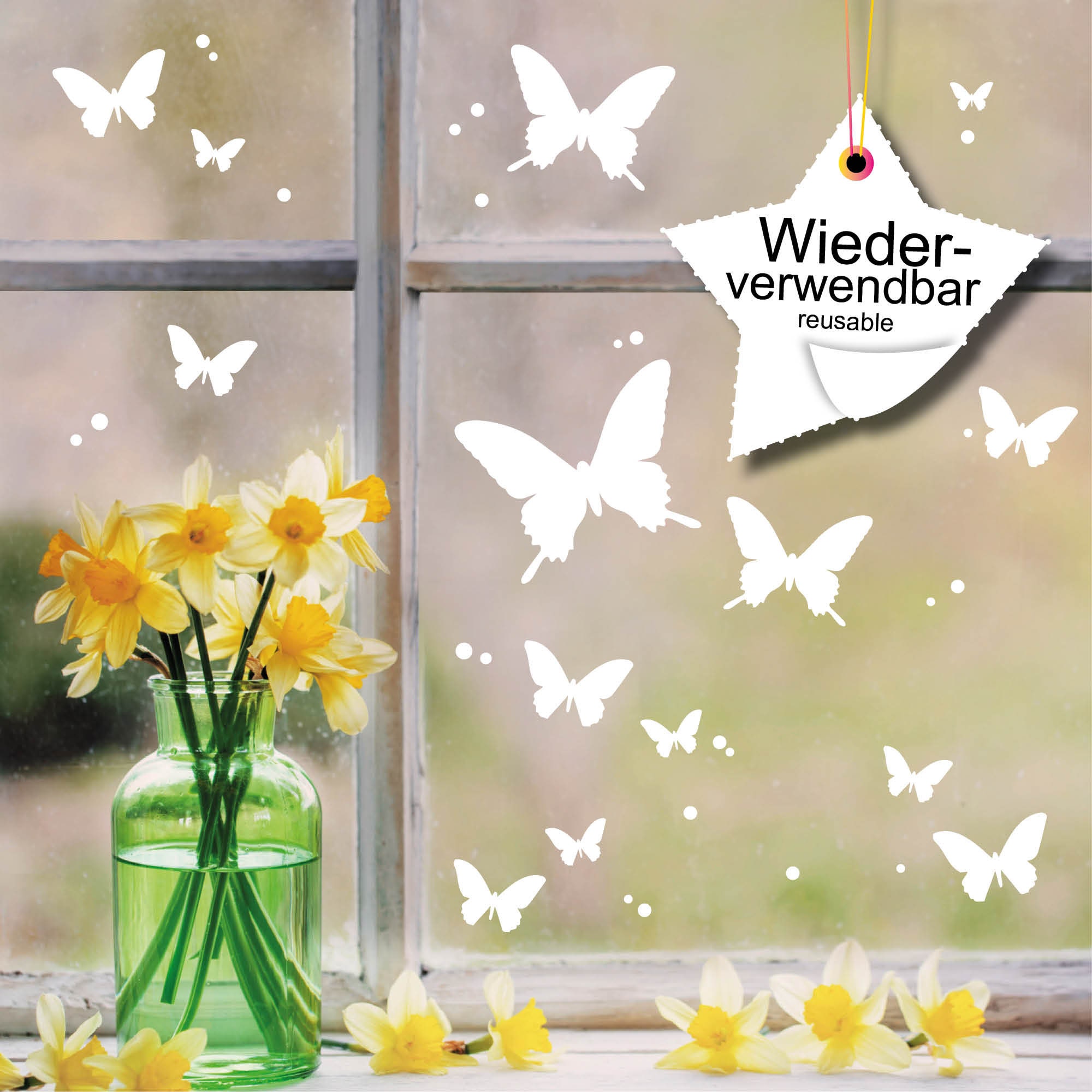 Fensteraufkleber Schmetterlinge wiederverwendbar weiß Frühling 50 Stück im Set, Osterdeko, Frühlingsdeko