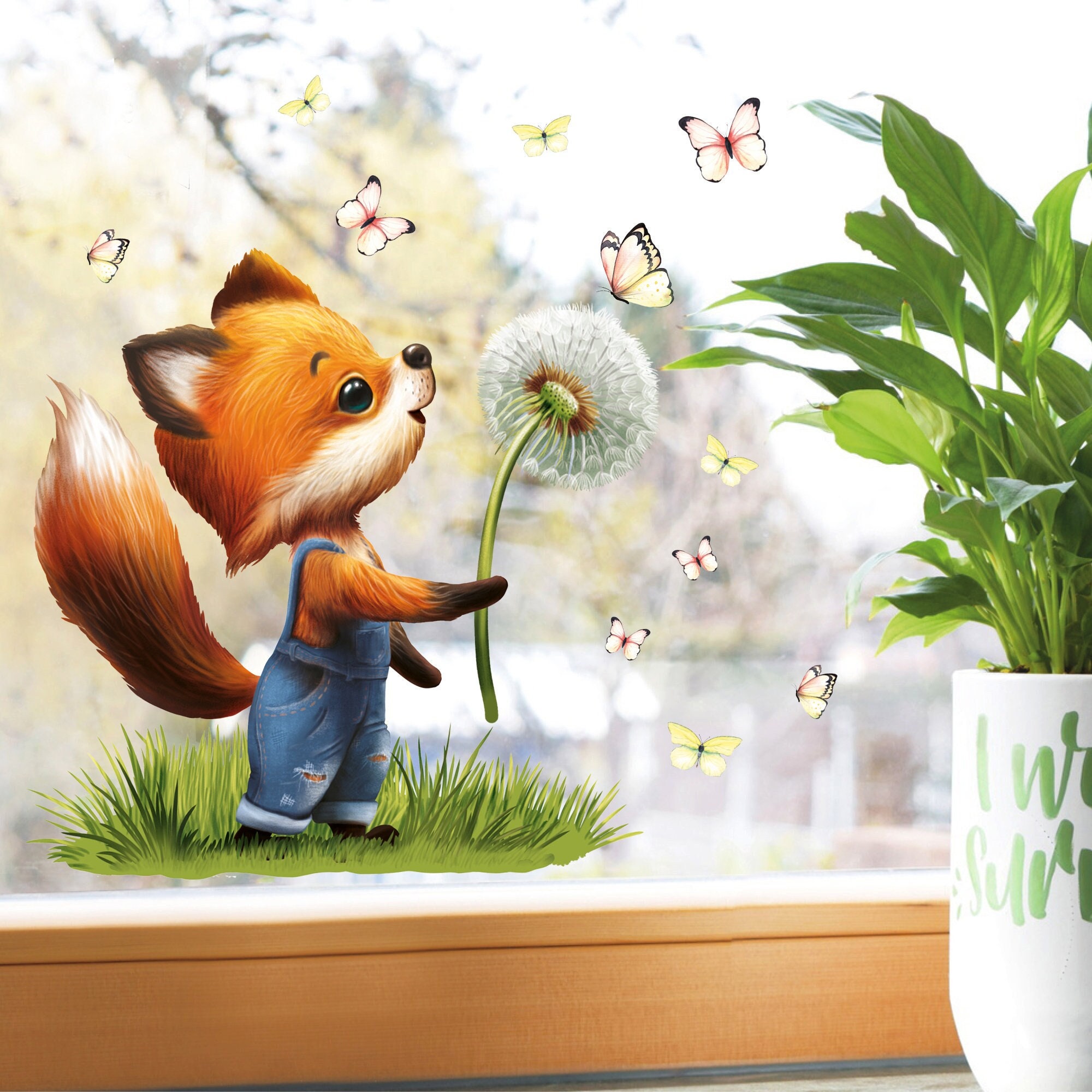 Fensterbild Frühling Ostern Fuchs Pusteblume Schmetterlinge Fensterdeko Kinder, Frühlingsdeko, Osterdeko
