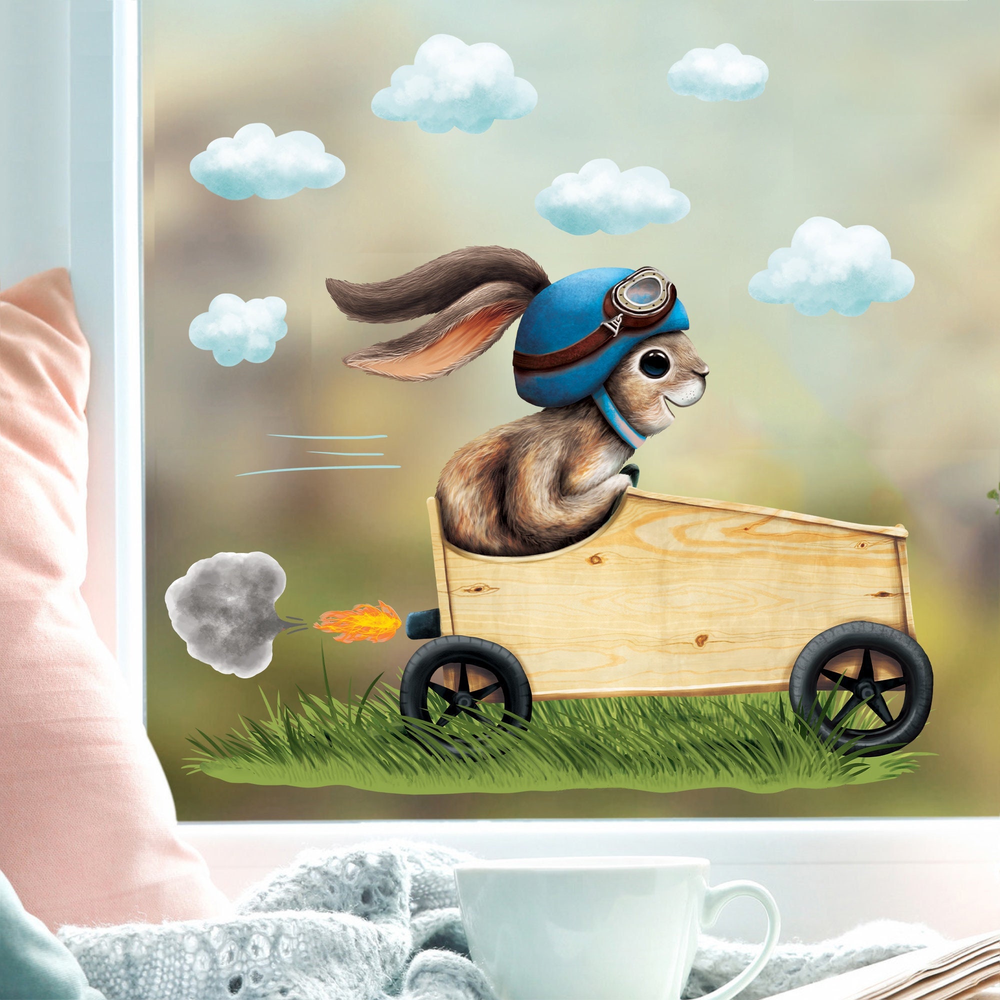 Fensterbild Frühling Ostern Hase blau in Seifenkiste Rennauto Fensterdeko Kinderzimmer Kind, Frühlingsdekoration, Osterdeko
