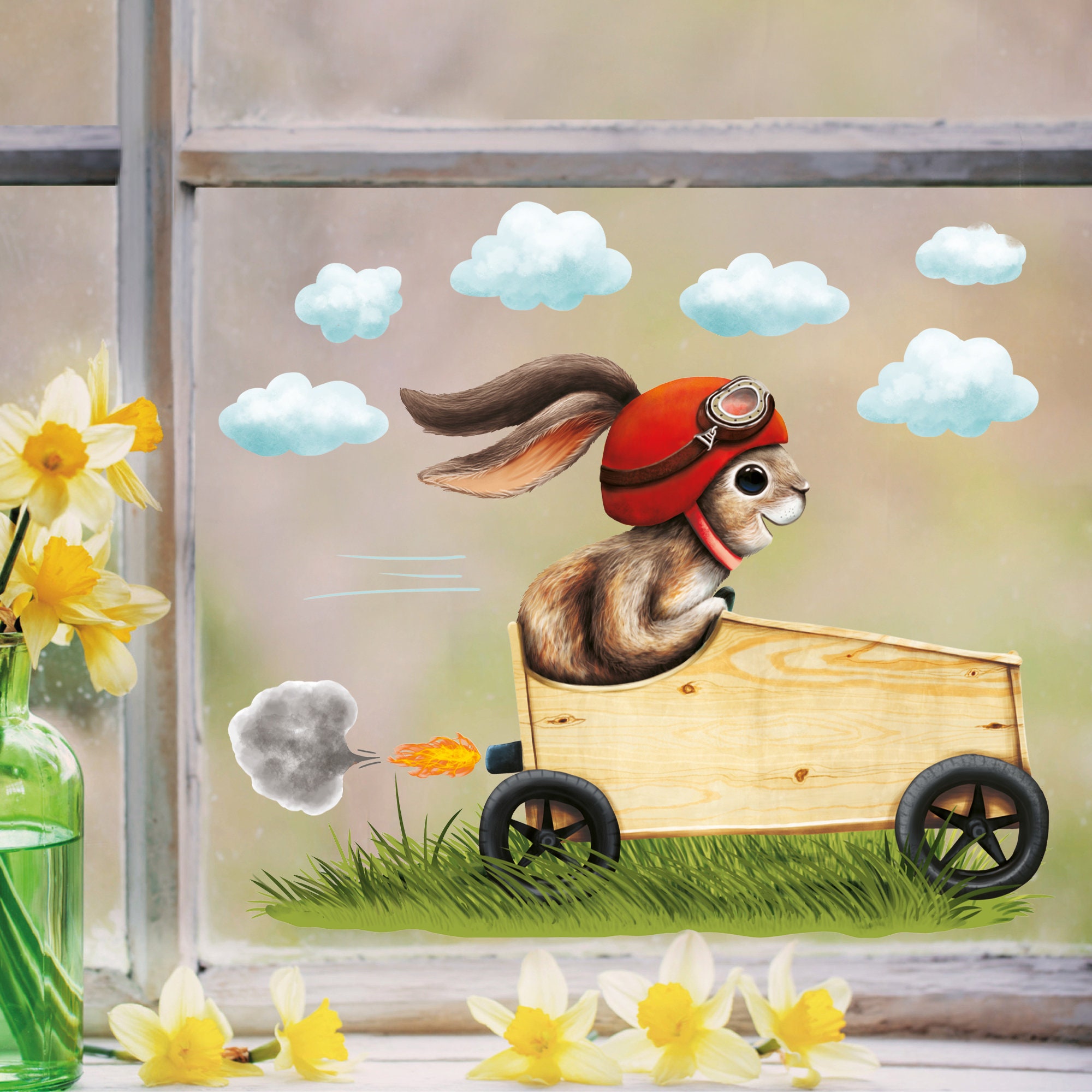 Fensterbild Frühling Ostern Hase rot in Seifenkiste Rennauto Fensterdeko Kinderzimmer Kind