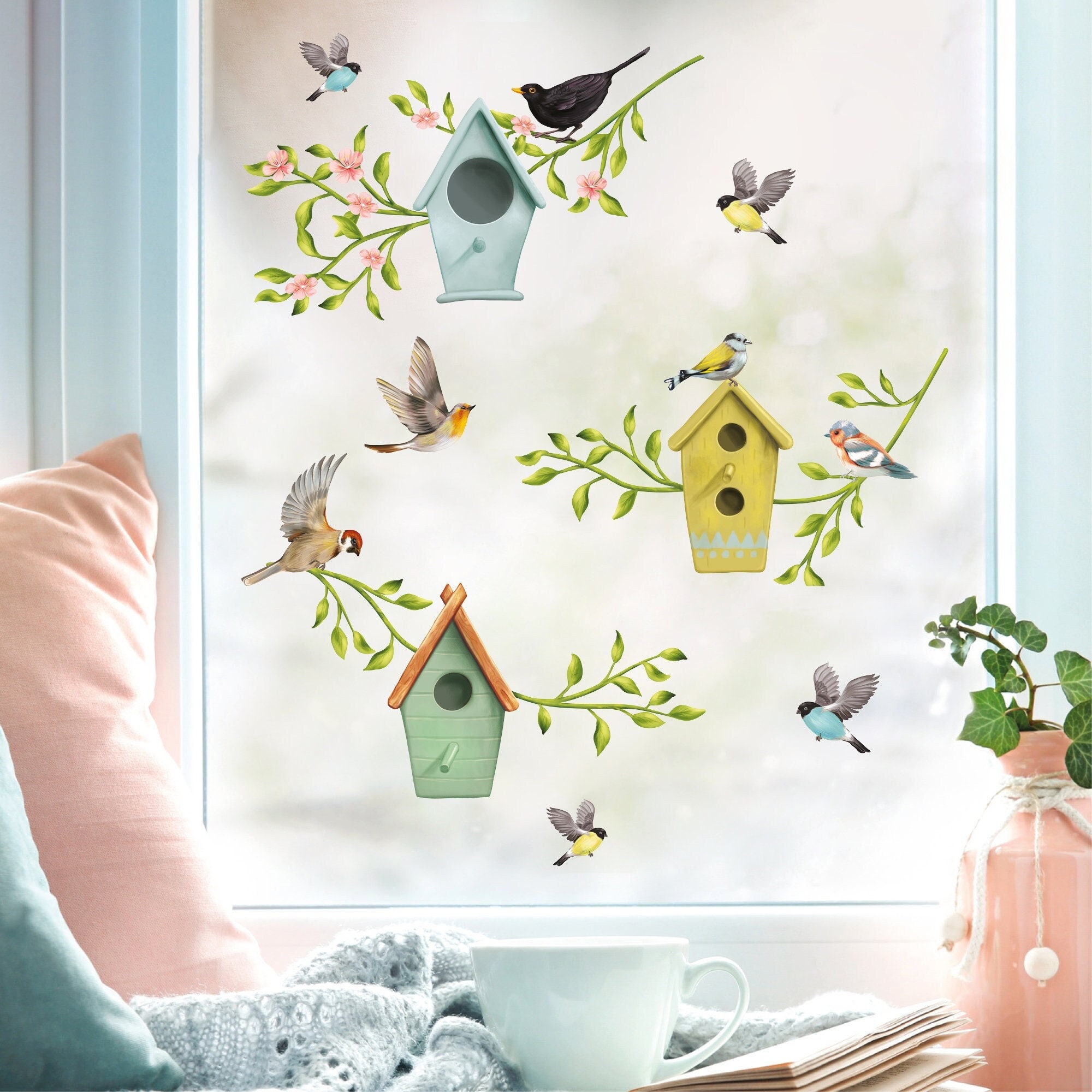 Fensterbild Frühling Vögel Vogelhäuschen Ast Fensterdeko Kinderzimmer Kind Frühlingsdeko Osterdeko