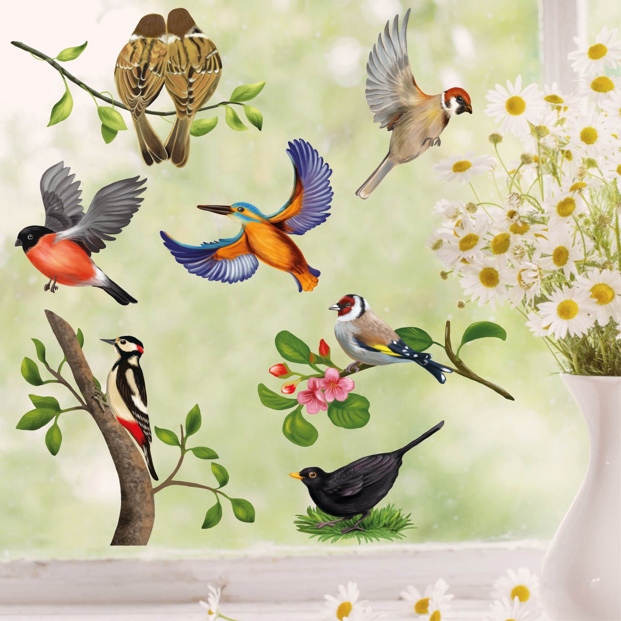 Fensterbild Frühling Vogel Vögel Vogelset bunt farbig wiederverwendbare Fensteraufkleber Kinderzimmer Baby Kind, Osterdeko, Frühlingsdeko