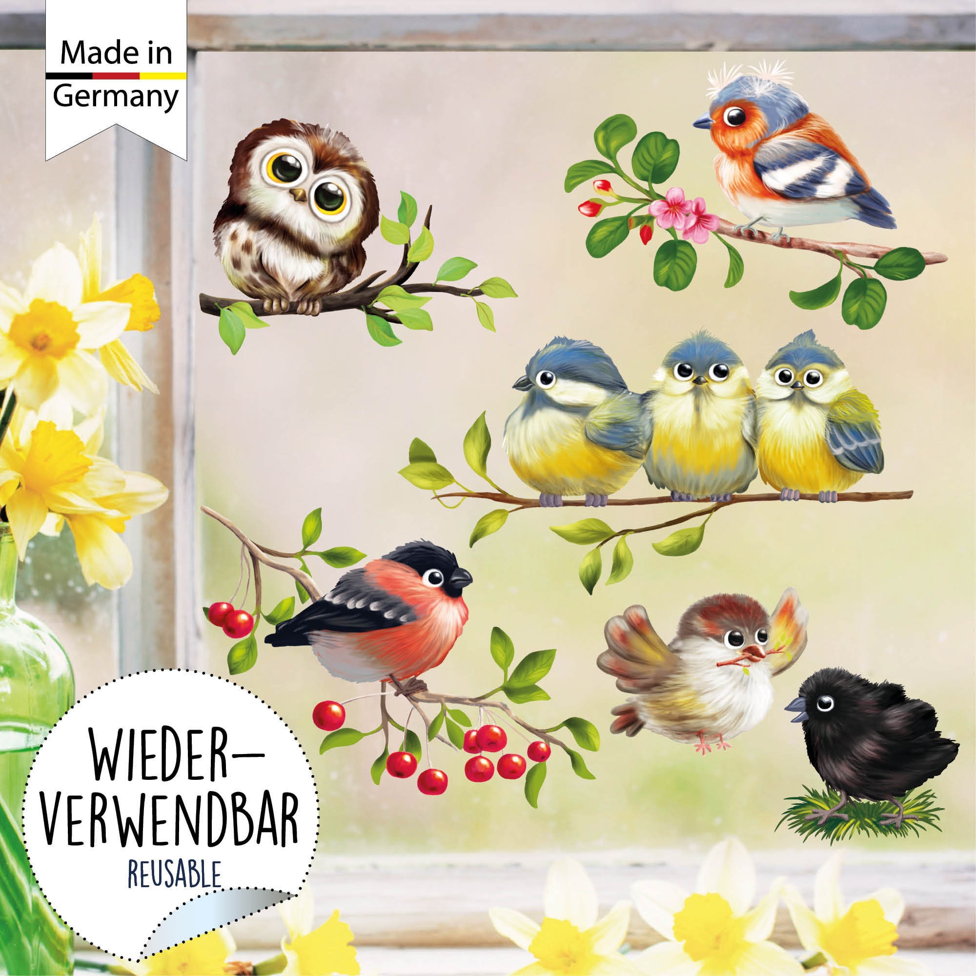Wiederverwendbares Fensterbild Frühling Vögel Vogelset Fensteraufkleber Kinderzimmer Baby Kind, Frühlingsdeko, Osterdeko
