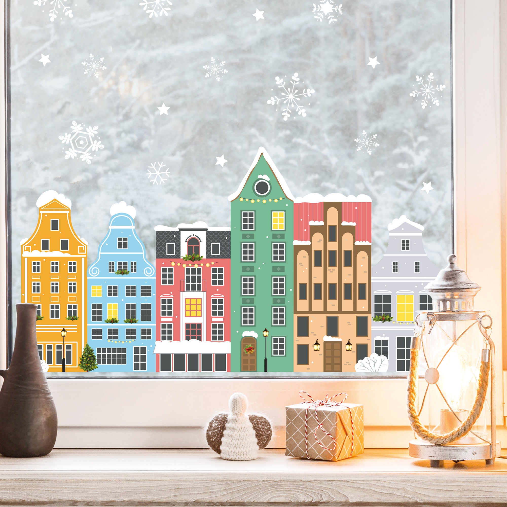Wiederverwendbares Fensterbild Weihnachten Winterstadt Giebelhäuser Hanse Rostocker Altstadt, Fensterdekoration Winter