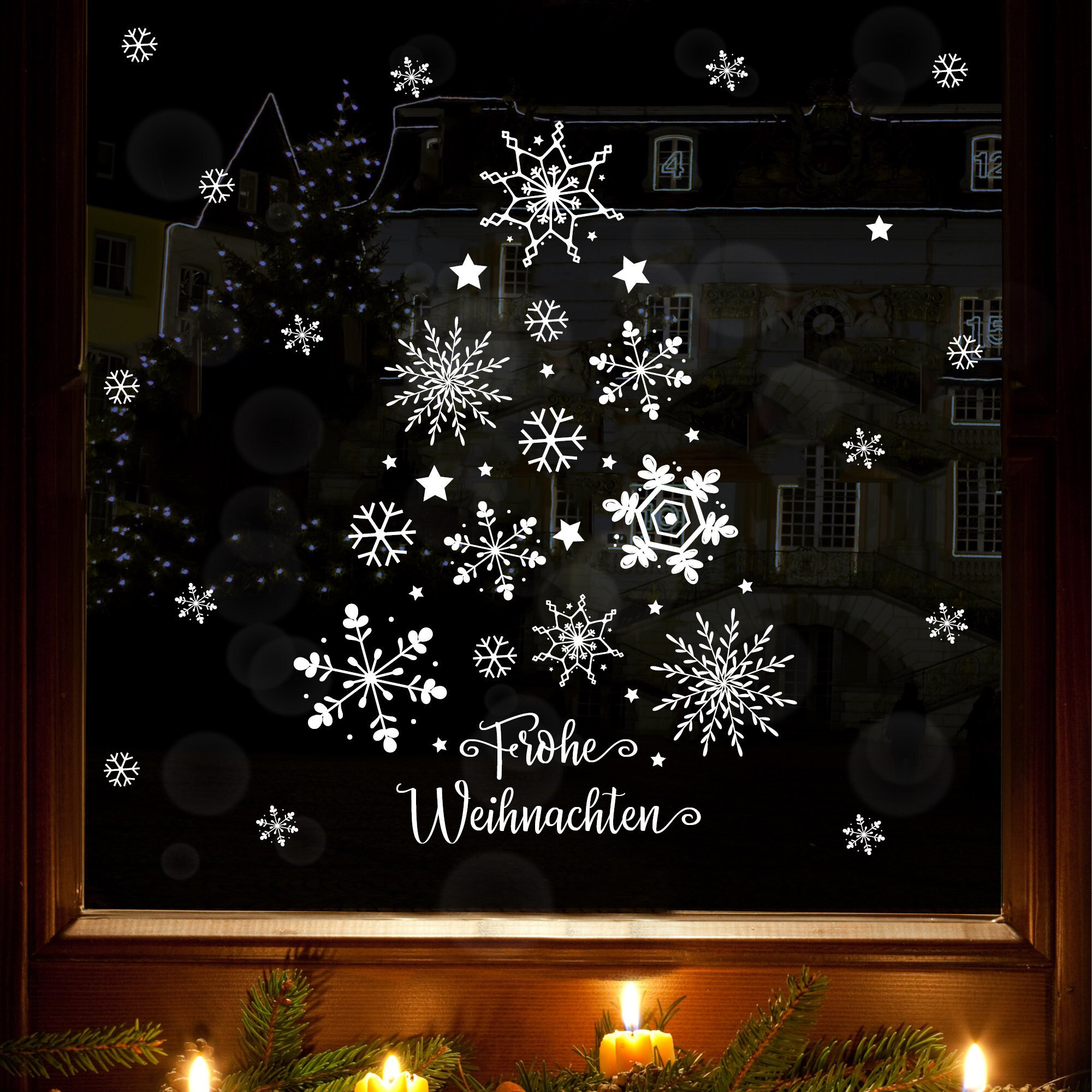 Fensterbild Weihnachten Weihnachtsbaum Schneeflocken Fensteraufkleber WIEDERVERWENDBAR