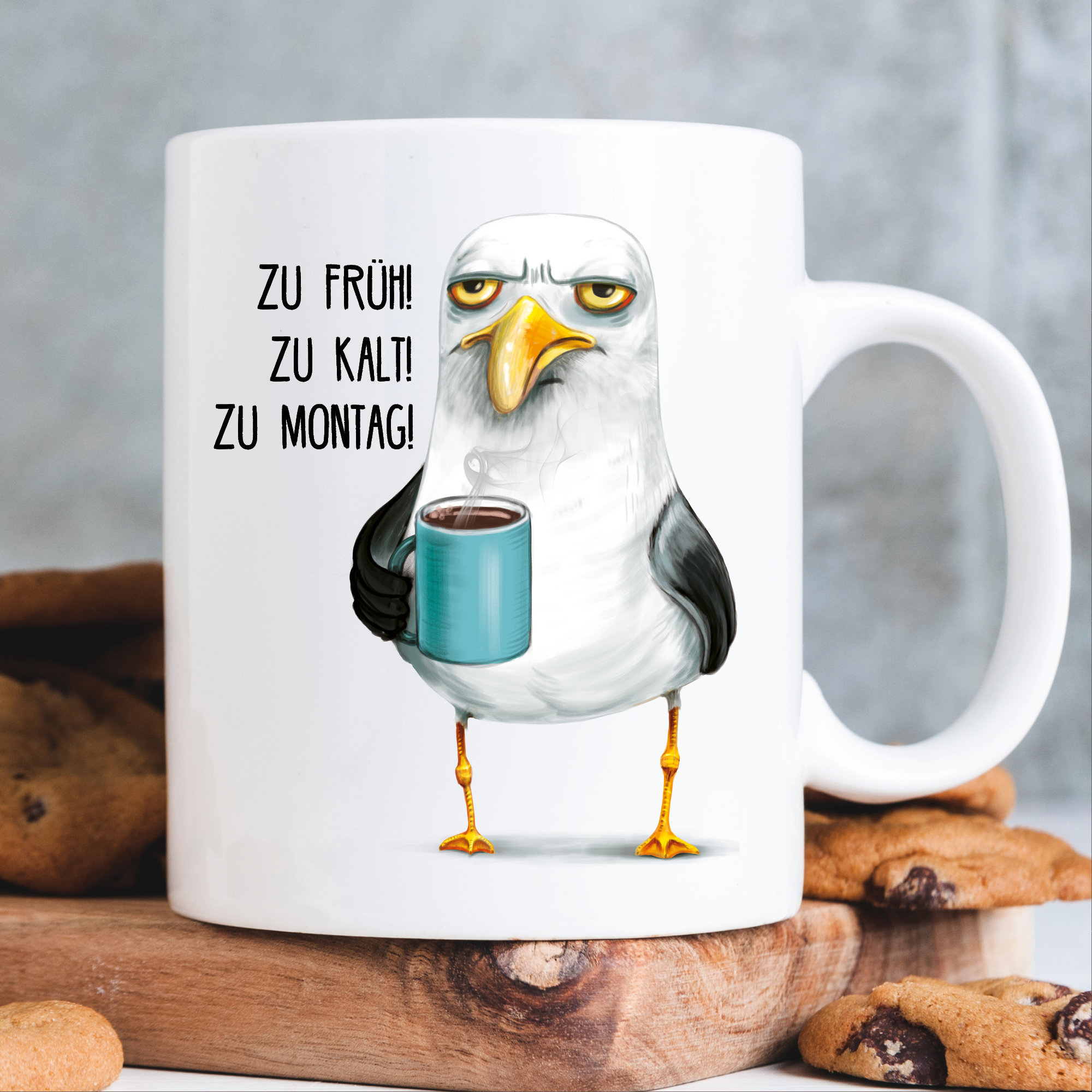 Geschenk Tasse bedruckt Möwe zu früh zu kalt zu Montag Kaffeetasse