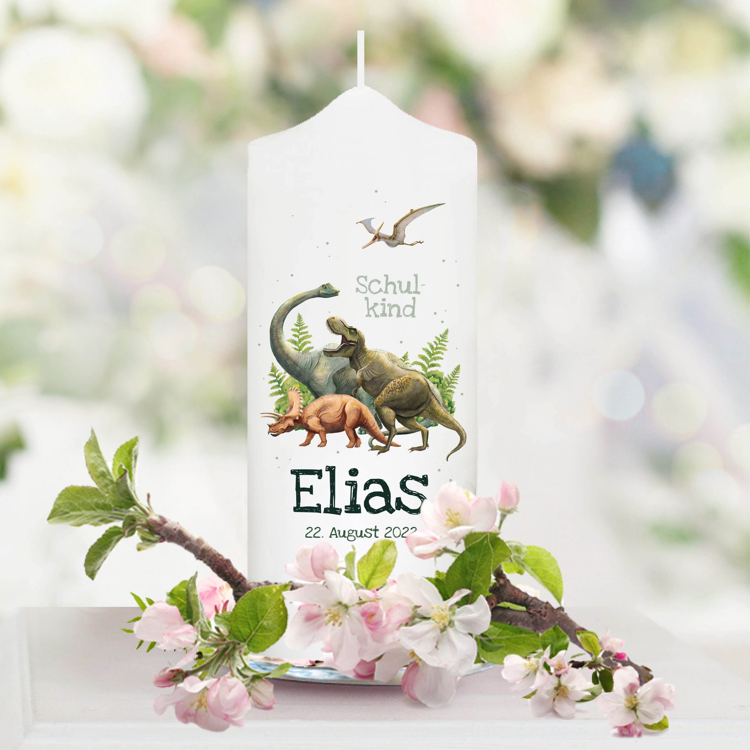 Kerze zur Einschulung mit Dinosaurier, personalisiert mit Namen und Datum, Dino, Geschenk, 1. Schultag