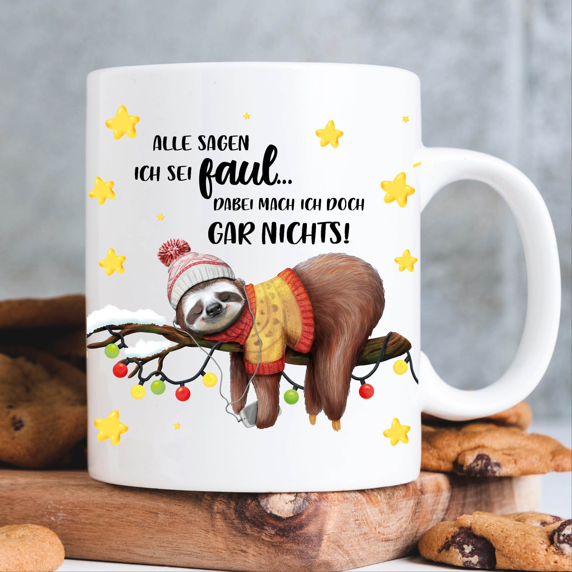 Tasse bedruckt Faultier auf Ast mit Spruch, Weihnachtstasse, Geschenk Weihnachten