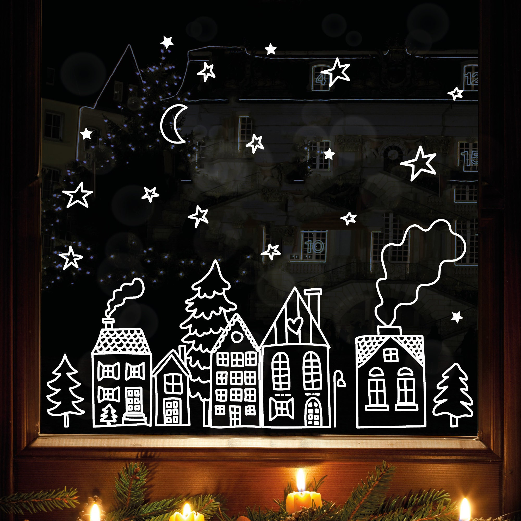 Wiederverwendbares Fensterbild Weihnachten Winterstadt Skyline