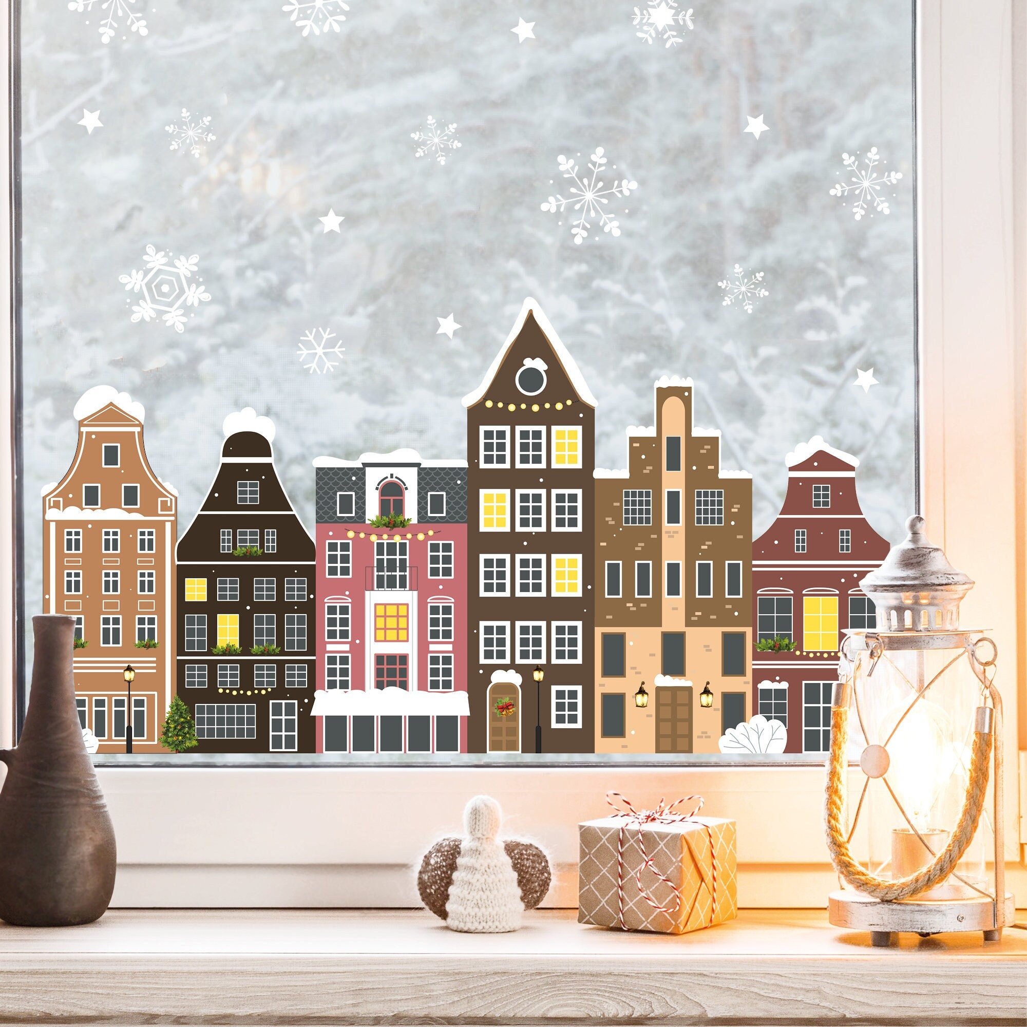 Wiederverwendbares Fensterbild Weihnachten Winterstadt Amsterdam