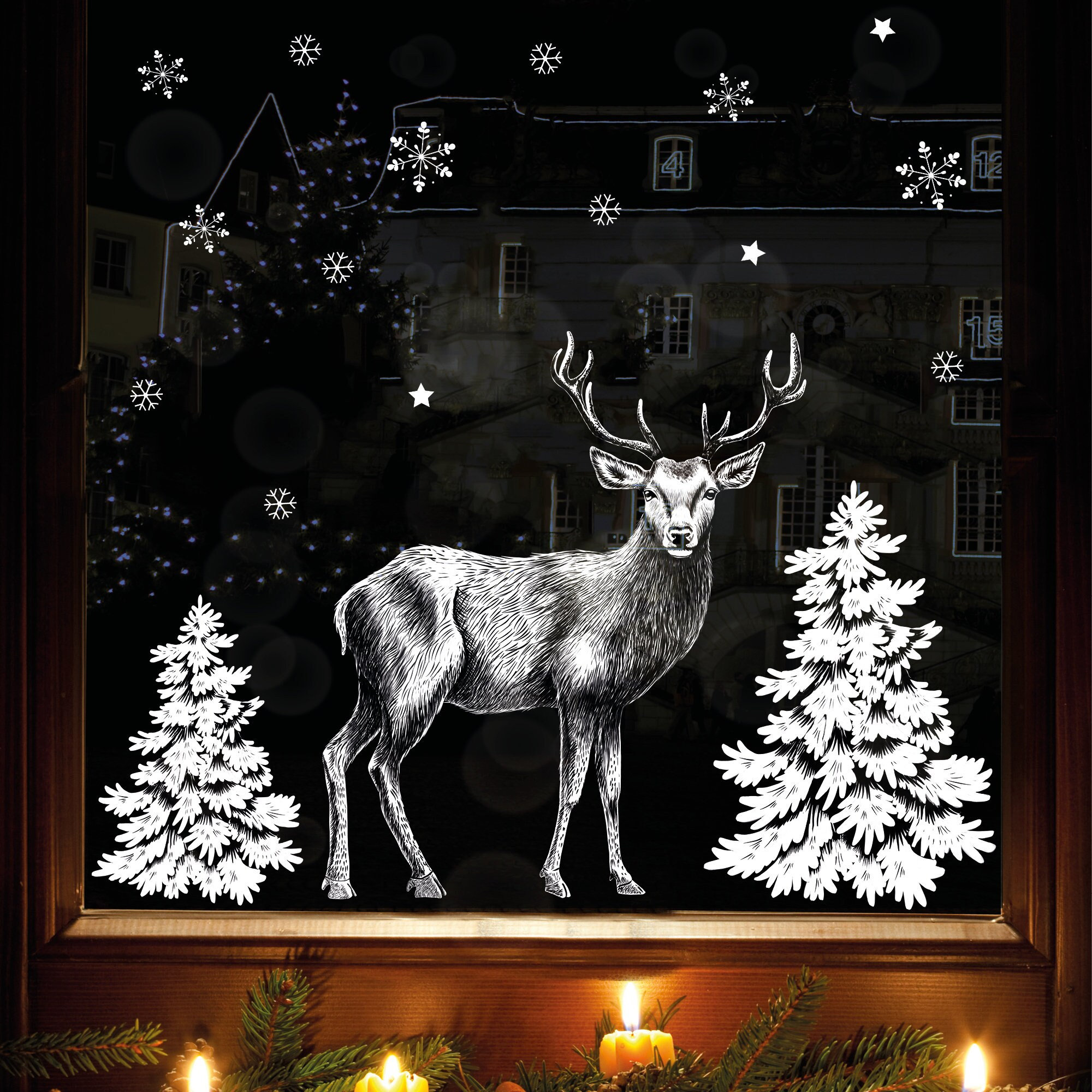 Wiederverwendbares Fensterbild weißer Hirsch Tannenbaum Schneeflocken Fensterdekoration Weihnachten Winter weiß