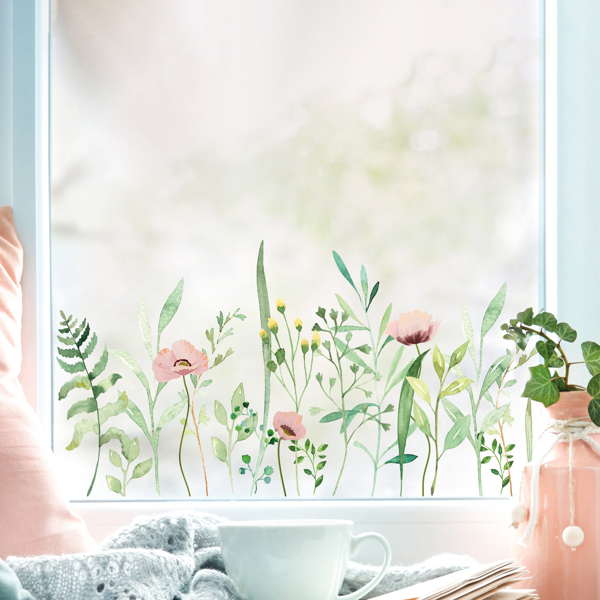 Fensterbild Frühling Ostern Blumenwiese Gräser Mohnblumen Fensterdeko  Kinderzimmer Kind | Wandtattoo Loft