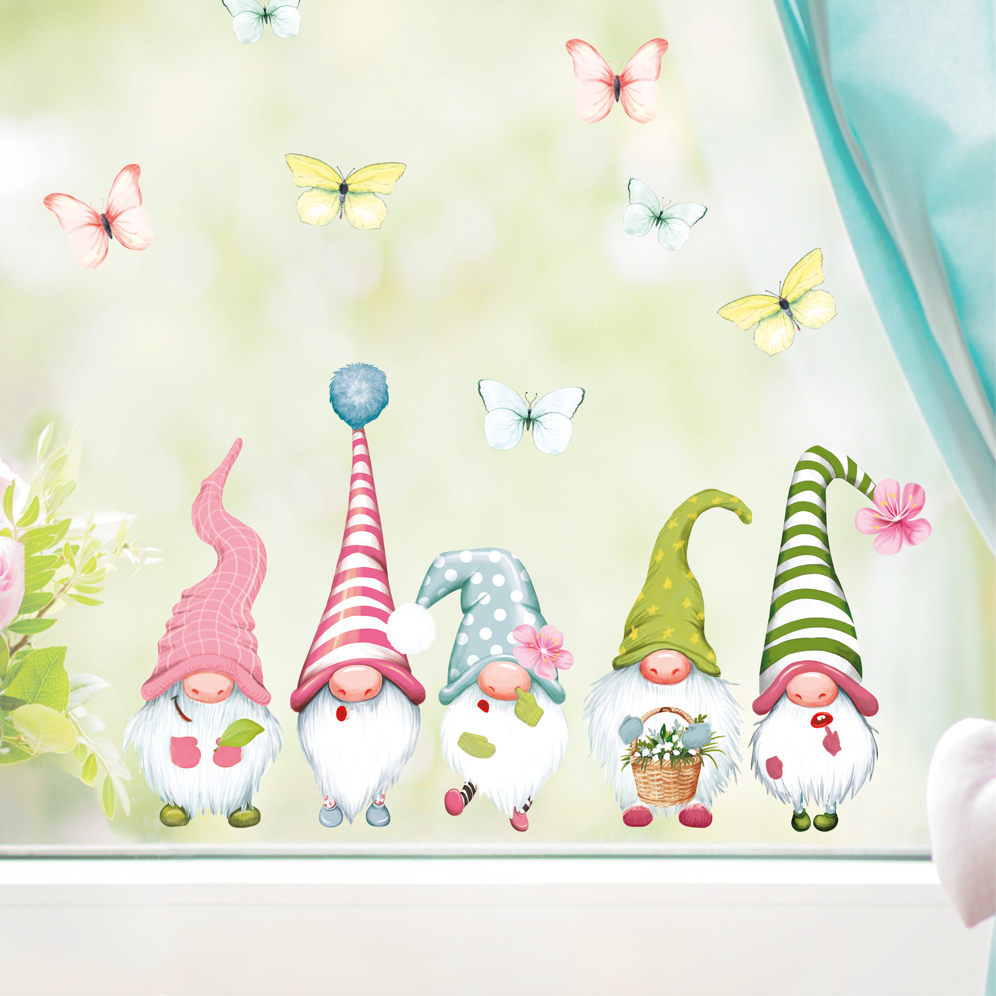 Fensterbild Frühling Ostern 5 Zwerge Schmetterlinge Fensterdeko Kinderzimmer Kind, Frühlingsdeko, Osterdeko für Mädchen