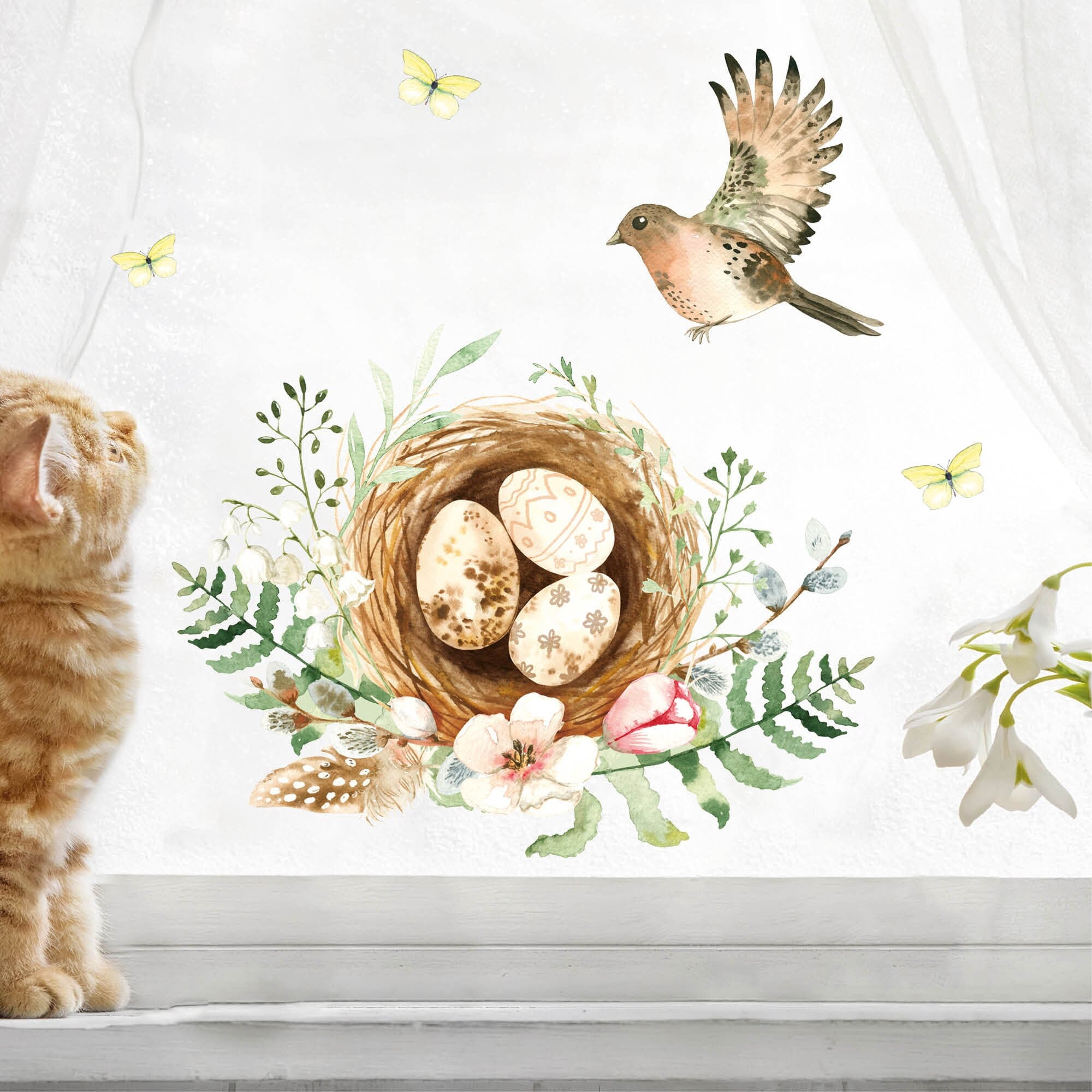 Fensterbild Frühling Ostern Eier im Nest mit Vogel, Fensterdeko Kinderzimmer Kind