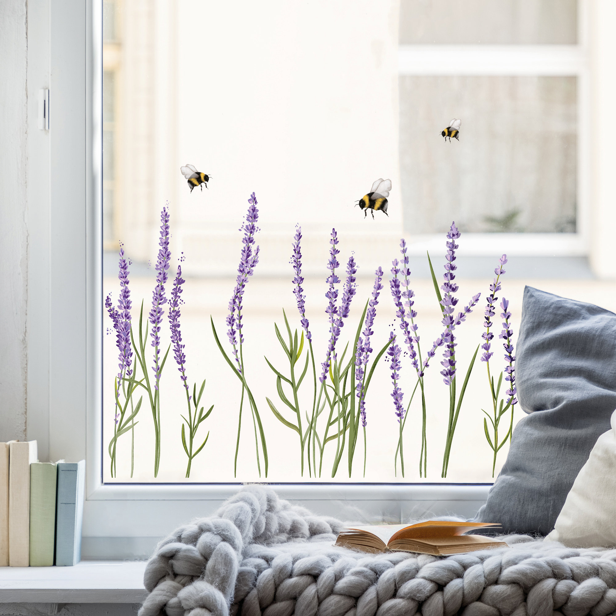 Fensterbild Frühling Ostern Lavendel und Bienen Blumenwiese, Fensterdeko Kinderzimmer Kind