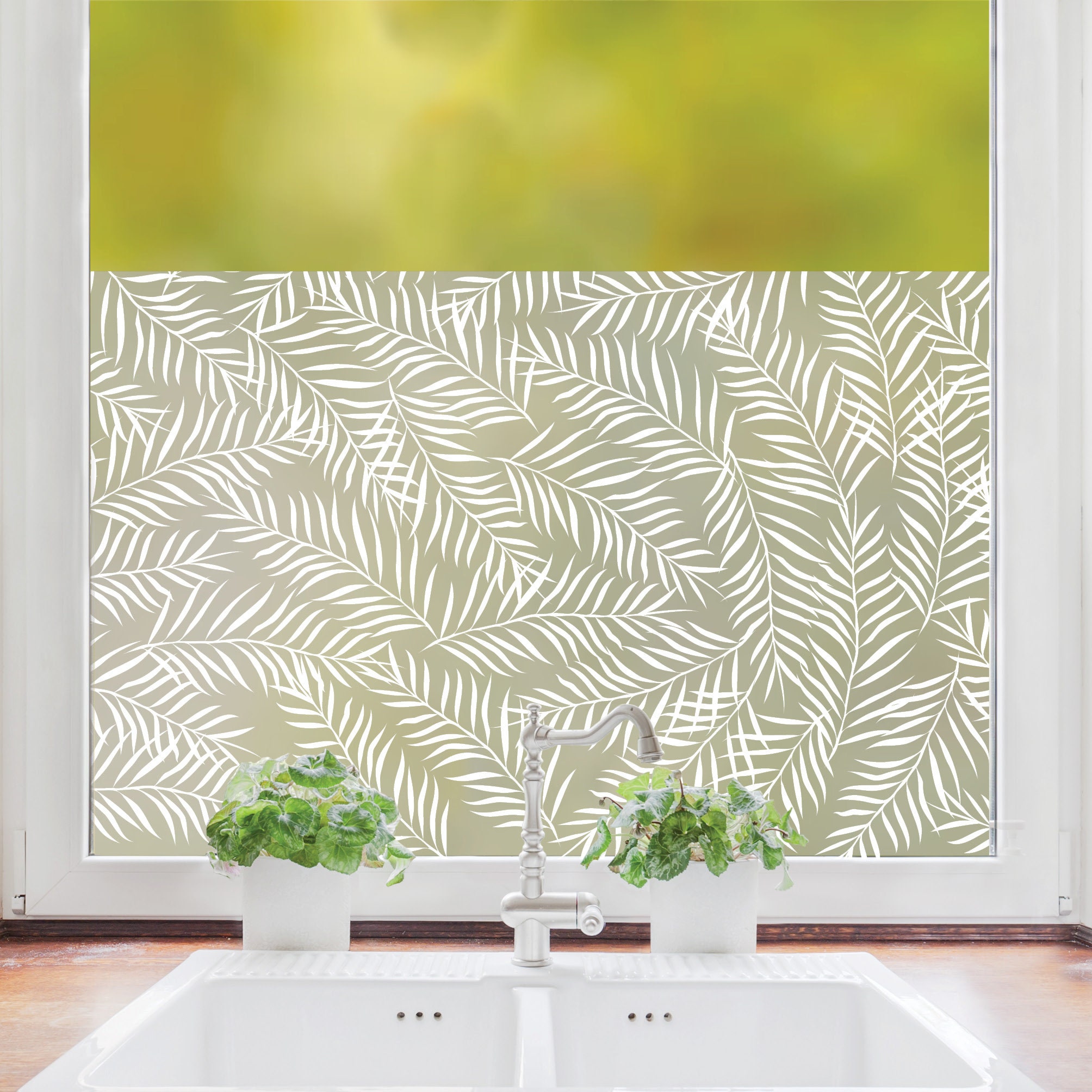 Sichtschutzfolie Fenster Küche weiße Palmenblätter Fensterfolie Fensterdeko Milchglasfolie