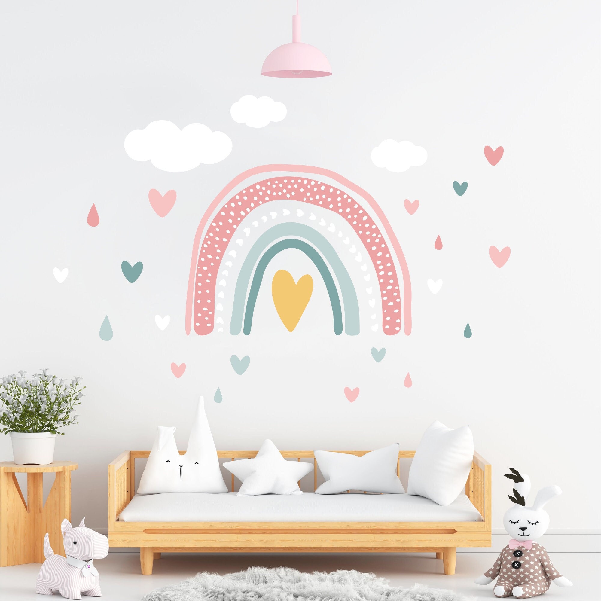 Wandtattoo Loft Regenbogen Sticker Herzen Wolken Tropfen Deko Kinderzimmer Mädchen Junge Pastellfarben Wandaufkleber